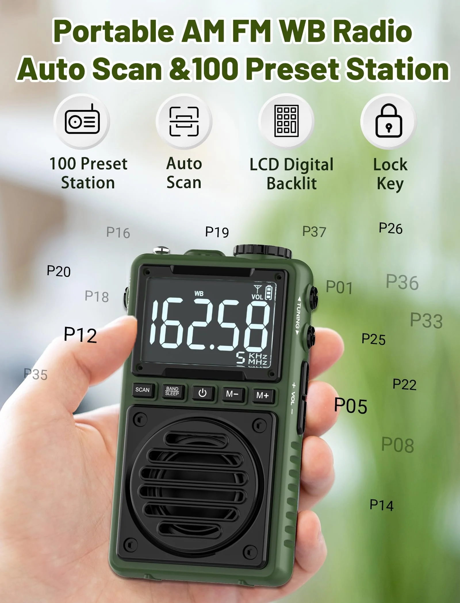 Digital AM FM Weather Band Radio with Flashlight,850mAh Rechargeable Portable Pocket Radio with Best Reception,LCD Screen, Back Clip,Stereo Earphone Jack, SOS Alarm,Sleep Timer for Jogging,Walking Green - Image 5