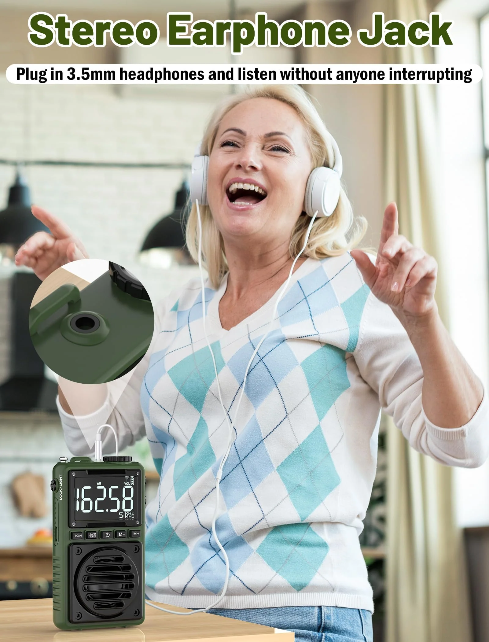 Digital AM FM Weather Band Radio with Flashlight,850mAh Rechargeable Portable Pocket Radio with Best Reception,LCD Screen, Back Clip,Stereo Earphone Jack, SOS Alarm,Sleep Timer for Jogging,Walking Green - Image 6