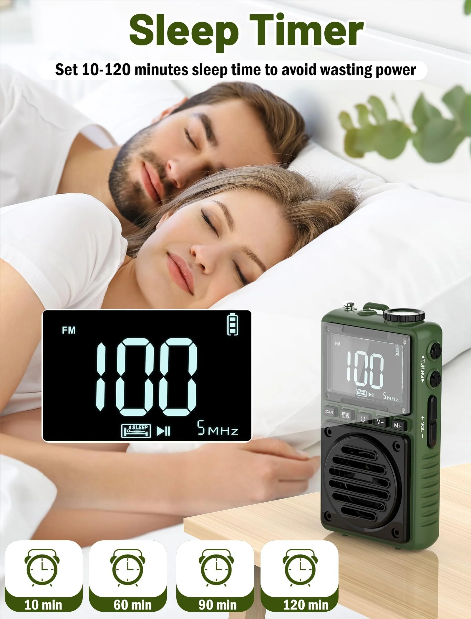Digital AM FM Weather Band Radio with Flashlight,850mAh Rechargeable Portable Pocket Radio with Best Reception,LCD Screen, Back Clip,Stereo Earphone Jack, SOS Alarm,Sleep Timer for Jogging,Walking Green - Image 7