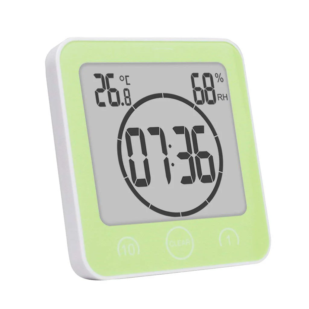 Digital Bathroom Shower Wall Clock Timer with Alarm, LCD Display, Waterproof, Temperature, Humidity, 12/24hr Time, 10/1 Minute Timer, Compact, Easy to Install, Green - Image 3