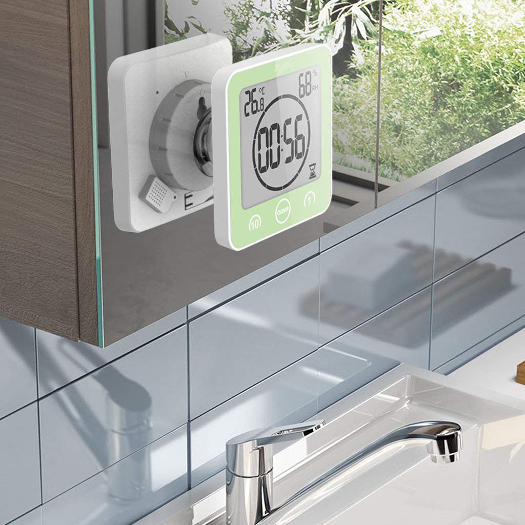 Digital Bathroom Shower Wall Clock Timer with Alarm, LCD Display, Waterproof, Temperature, Humidity, 12/24hr Time, 10/1 Minute Timer, Compact, Easy to Install, Green - Image 4