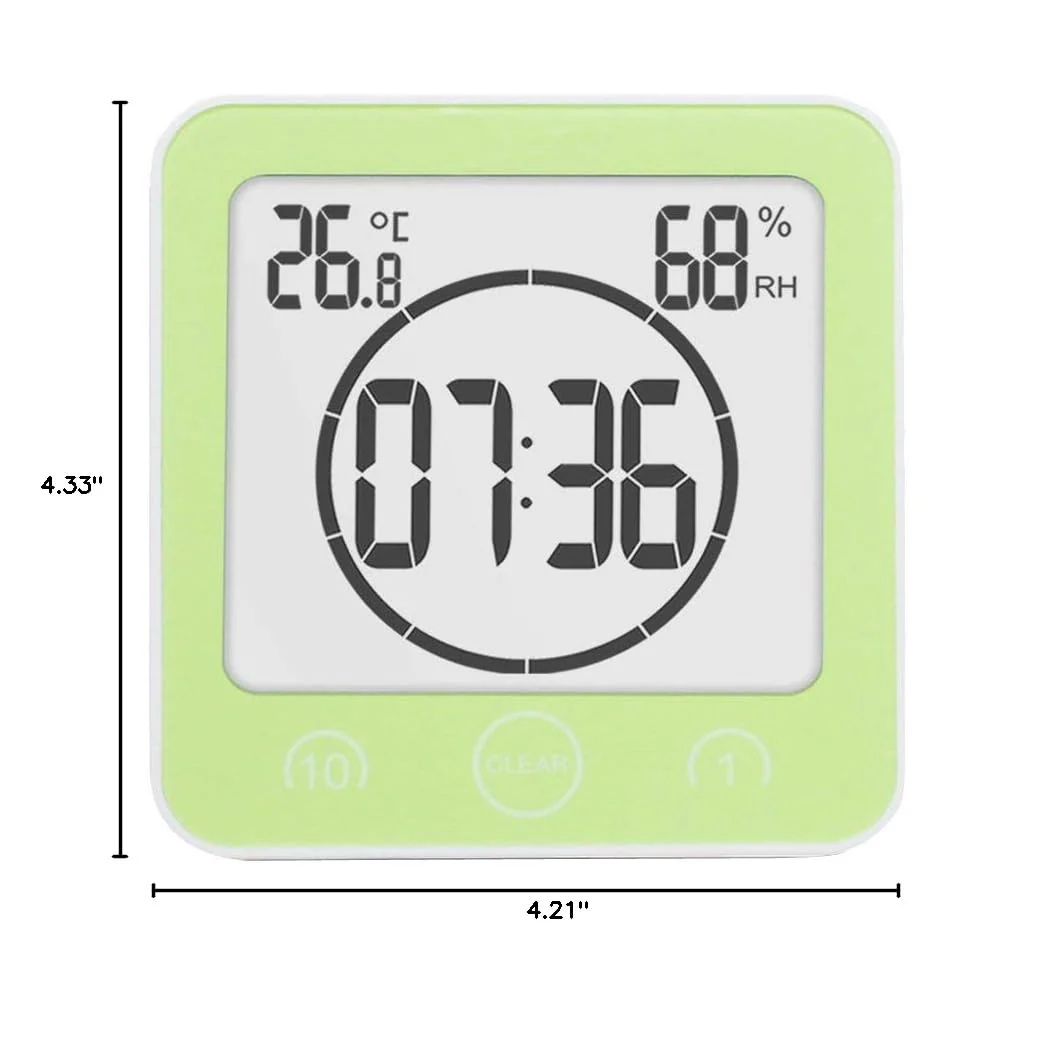 Digital Bathroom Shower Wall Clock Timer with Alarm, LCD Display, Waterproof, Temperature, Humidity, 12/24hr Time, 10/1 Minute Timer, Compact, Easy to Install, Green - Image 7