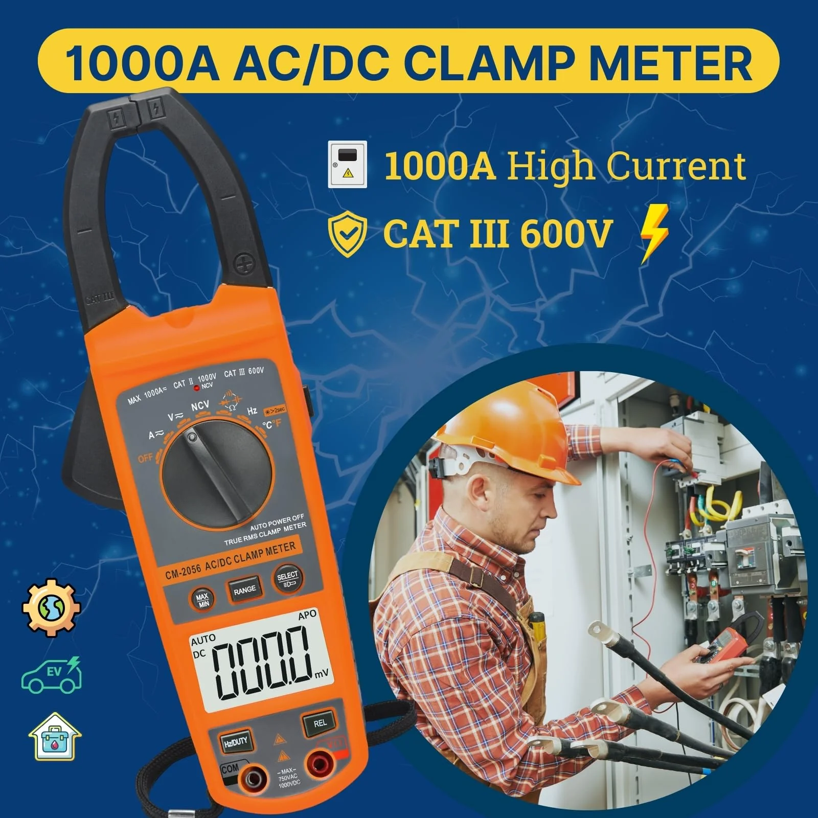Digital Clamp Meter Multimeter 1000A AC/DC Amp Voltmeter, Auto-Ranging TRMS with Backlit LCD & NCV; Measures Voltage, Current, Temp, Duty Cycle, Capacitance, Frequency - Image 2