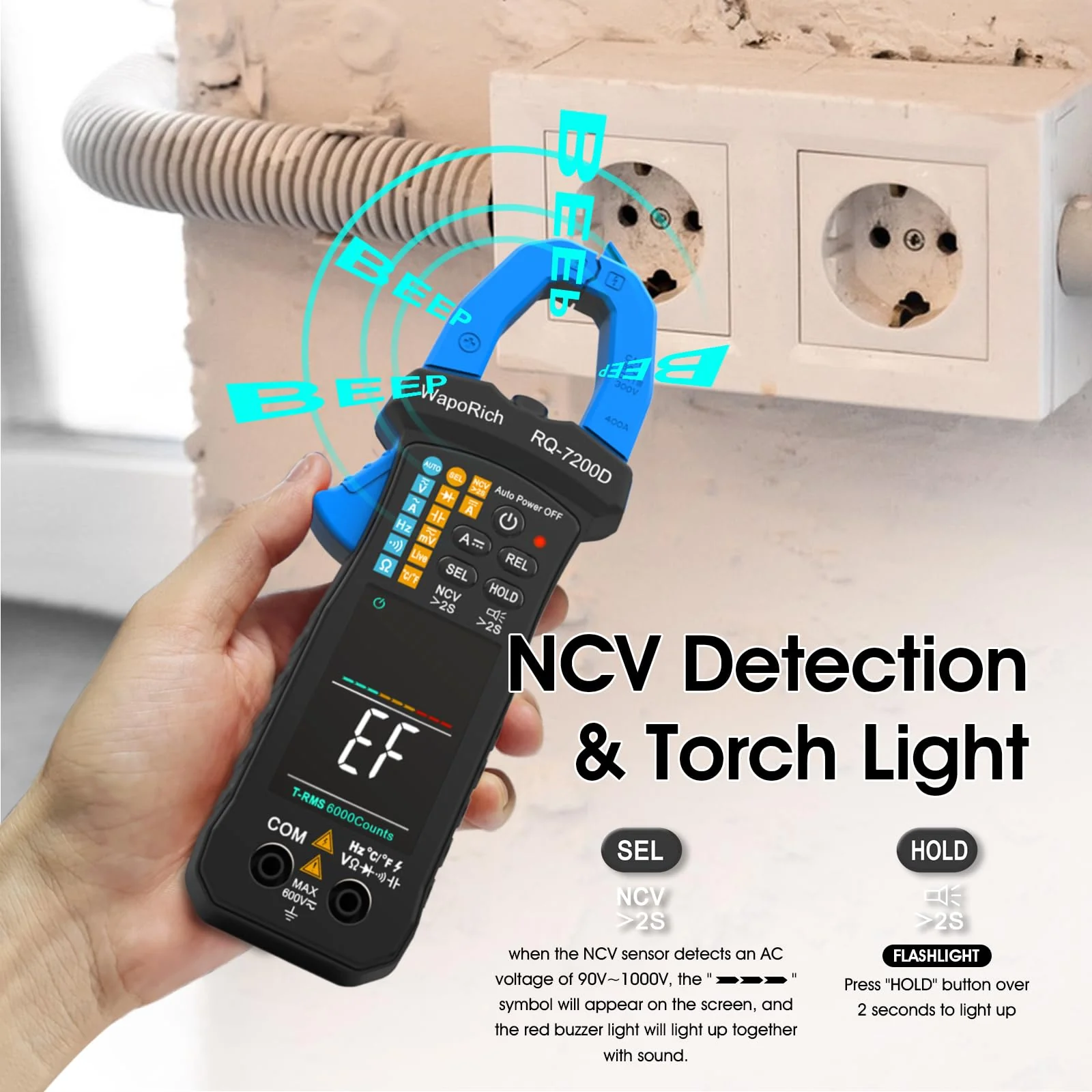 Digital Clamp Meter TRMS 6000 Counts Multimeter, WapoRich Ammeter Voltmeter Tester with Auto Range NCV Measures AC DC Voltage Current Resistance Continuity Capacitance Diodes Temp Frequency RQ-7200D - Image 2