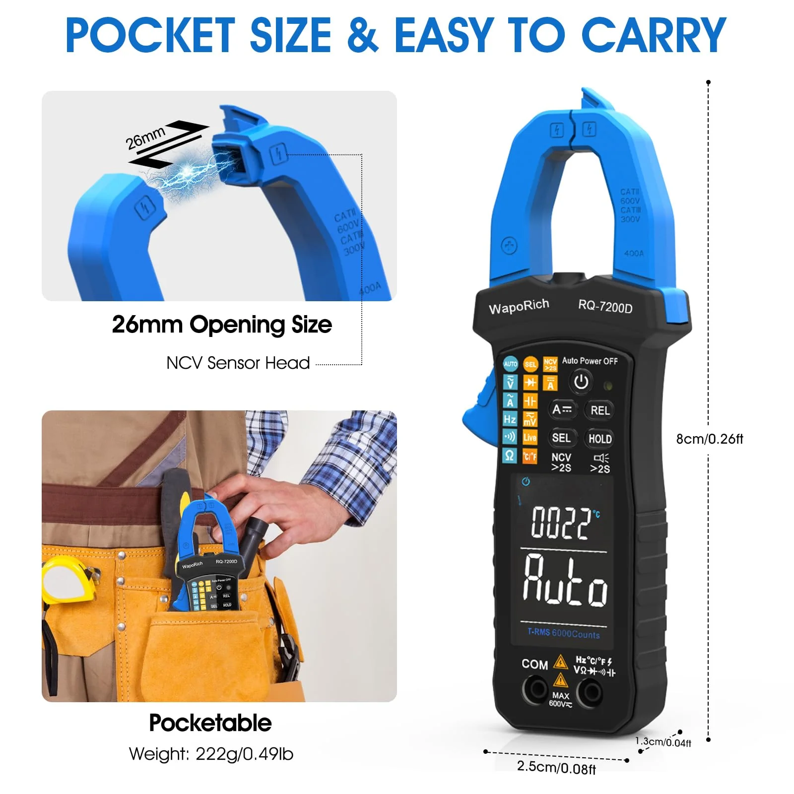 Digital Clamp Meter TRMS 6000 Counts Multimeter, WapoRich Ammeter Voltmeter Tester with Auto Range NCV Measures AC DC Voltage Current Resistance Continuity Capacitance Diodes Temp Frequency RQ-7200D - Image 5