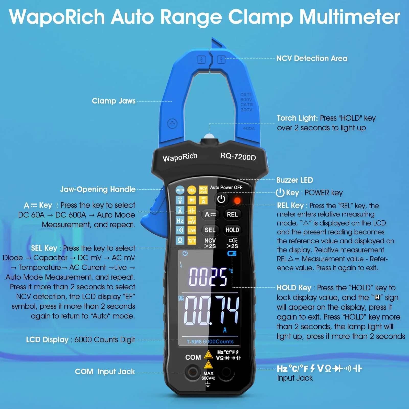 Digital Clamp Meter TRMS 6000 Counts Multimeter, WapoRich Ammeter Voltmeter Tester with Auto Range NCV Measures AC DC Voltage Current Resistance Continuity Capacitance Diodes Temp Frequency RQ-7200D - Image 6