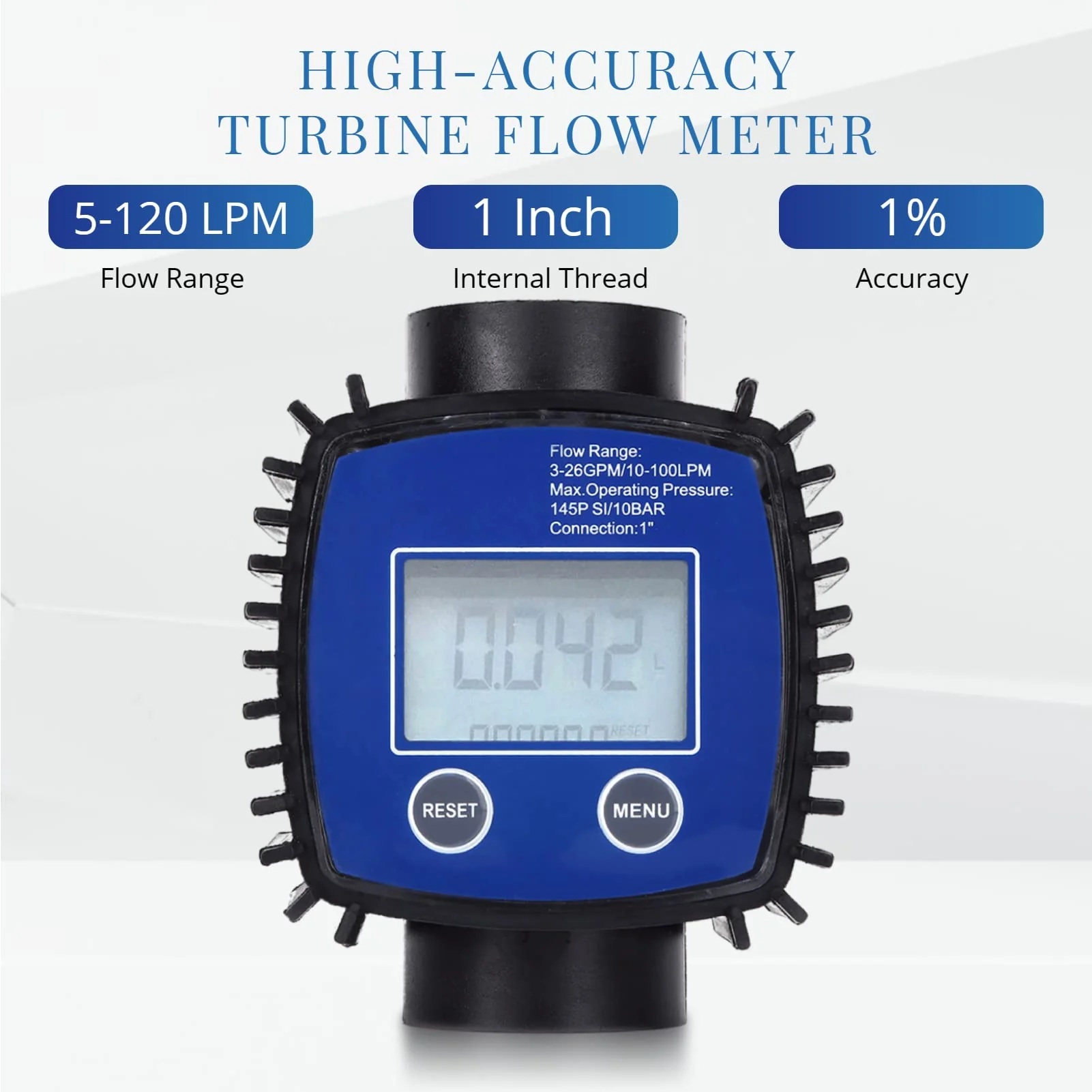 Digital Flow Meter, 5-120 L/Min 1 Inch Turbine Flow Meter with LCD Display, 1% Accuracy Diesel Fuel Flow Meter for Alcohol, Petrol, Chemical Liquids - Image 2