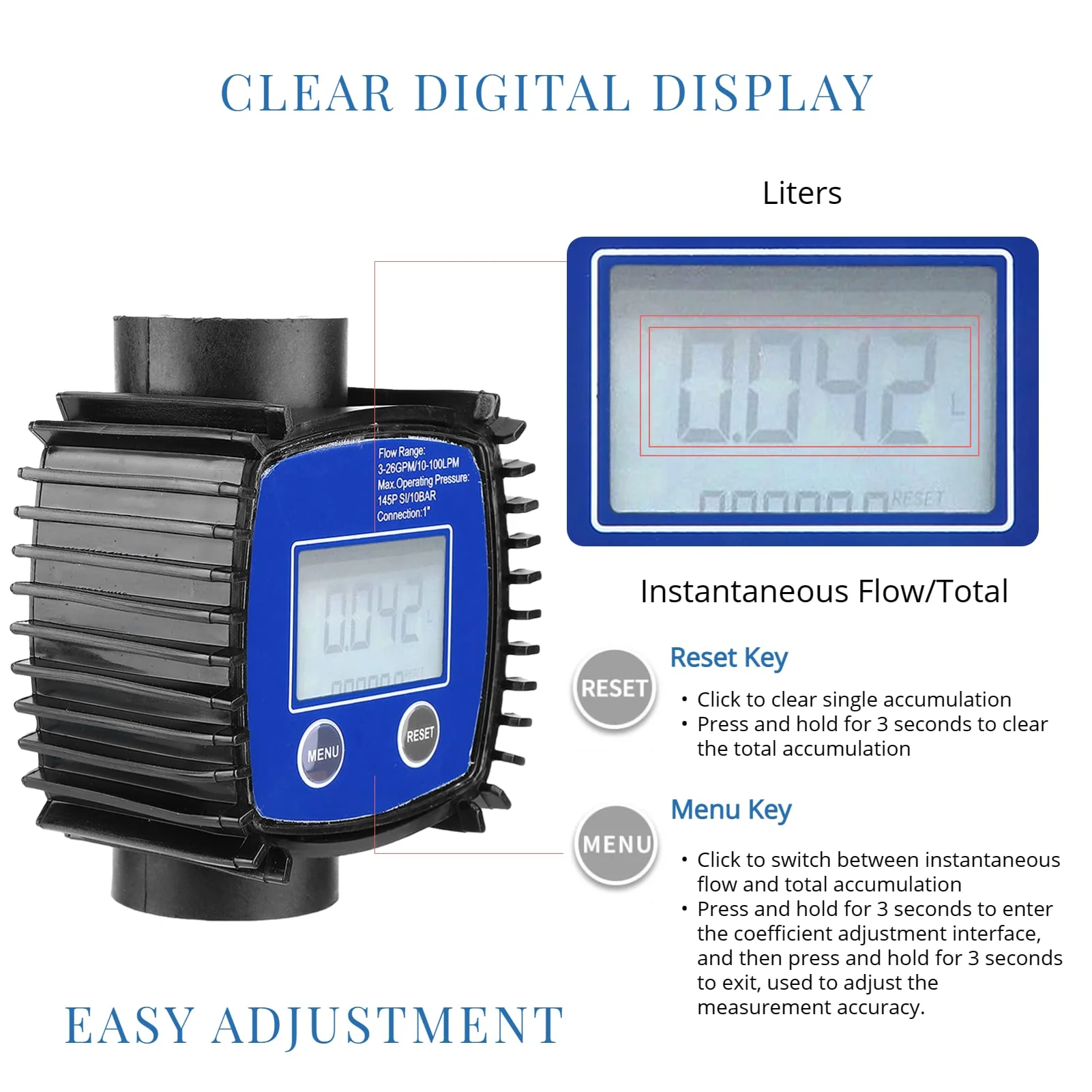 Digital Flow Meter, 5-120 L/Min 1 Inch Turbine Flow Meter with LCD Display, 1% Accuracy Diesel Fuel Flow Meter for Alcohol, Petrol, Chemical Liquids - Image 3