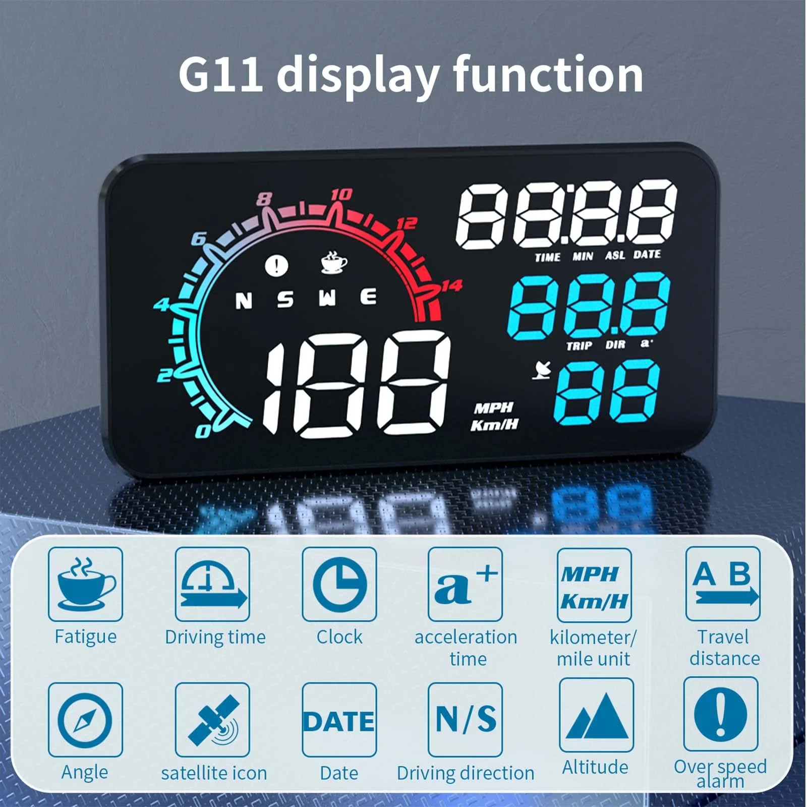 Digital GPS Speedometer ACECAR Universal Car HUD Head Up Display with Speed MPH Compass Direction Fatigue Driving Reminder Driving Distance Altitude Overspeed Alarm HD Display for All Vehicle G11 - Image 2