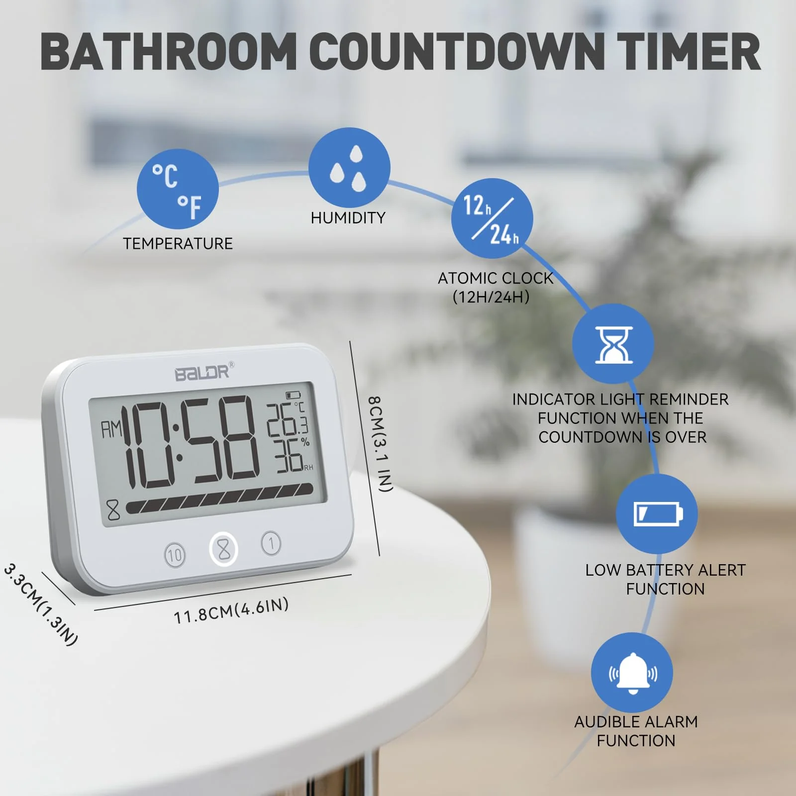 Digital LCD Waterproof Timer Shower Clock, Waterproof for Water Spray, Bathroom Clock Wall Mount, Two Suction Cup, Displays Time, Temperature, and Indoor Relative Humidity (1, White) 1 - Image 3