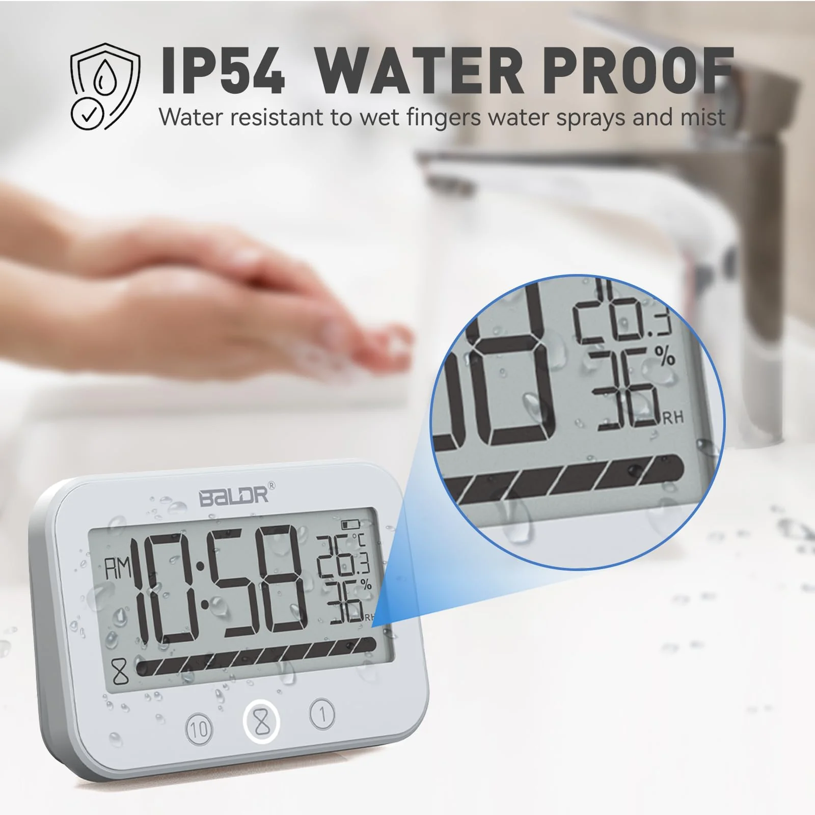 Digital LCD Waterproof Timer Shower Clock, Waterproof for Water Spray, Bathroom Clock Wall Mount, Two Suction Cup, Displays Time, Temperature, and Indoor Relative Humidity (1, White) 1 - Image 4