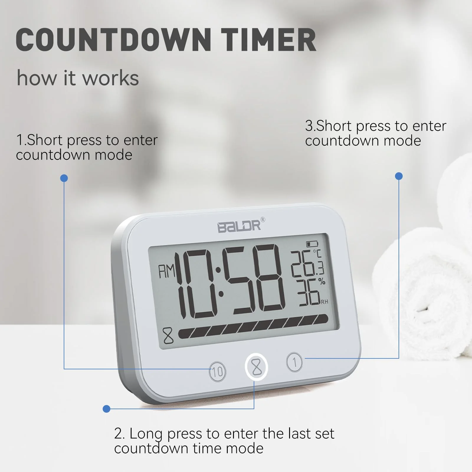 Digital LCD Waterproof Timer Shower Clock, Waterproof for Water Spray, Bathroom Clock Wall Mount, Two Suction Cup, Displays Time, Temperature, and Indoor Relative Humidity (1, White) 1 - Image 5