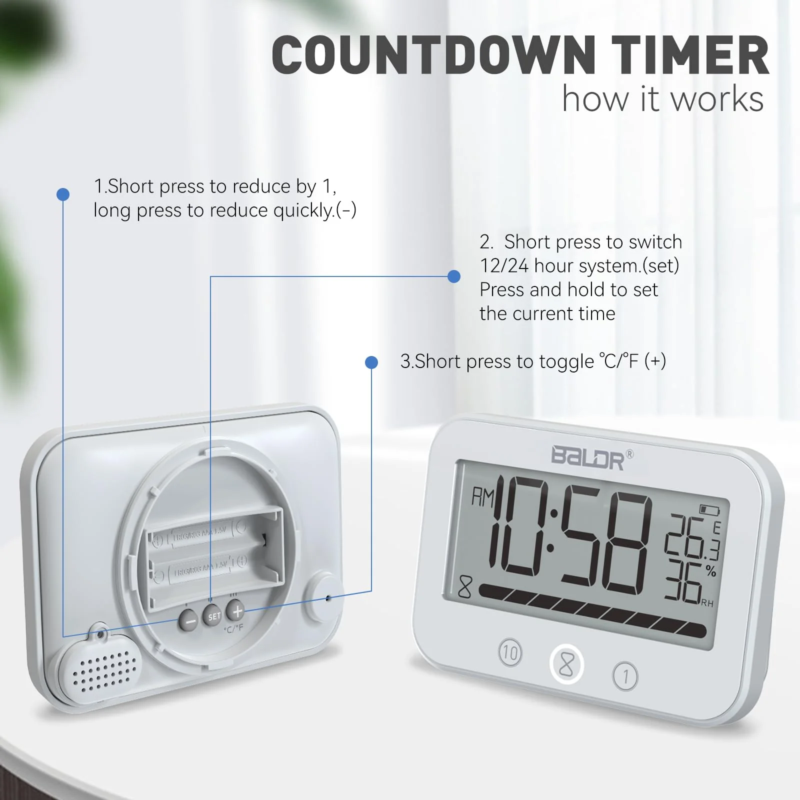 Digital LCD Waterproof Timer Shower Clock, Waterproof for Water Spray, Bathroom Clock Wall Mount, Two Suction Cup, Displays Time, Temperature, and Indoor Relative Humidity (1, White) 1 - Image 6