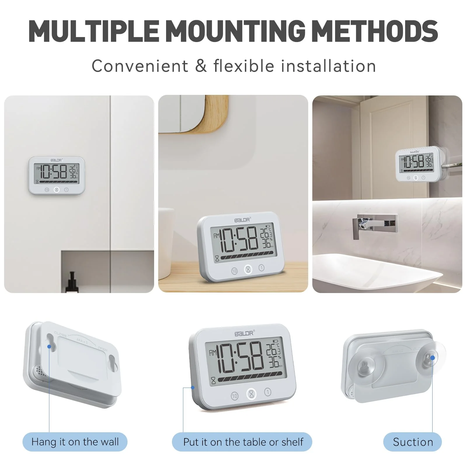 Digital LCD Waterproof Timer Shower Clock, Waterproof for Water Spray, Bathroom Clock Wall Mount, Two Suction Cup, Displays Time, Temperature, and Indoor Relative Humidity (1, White) 1 - Image 7