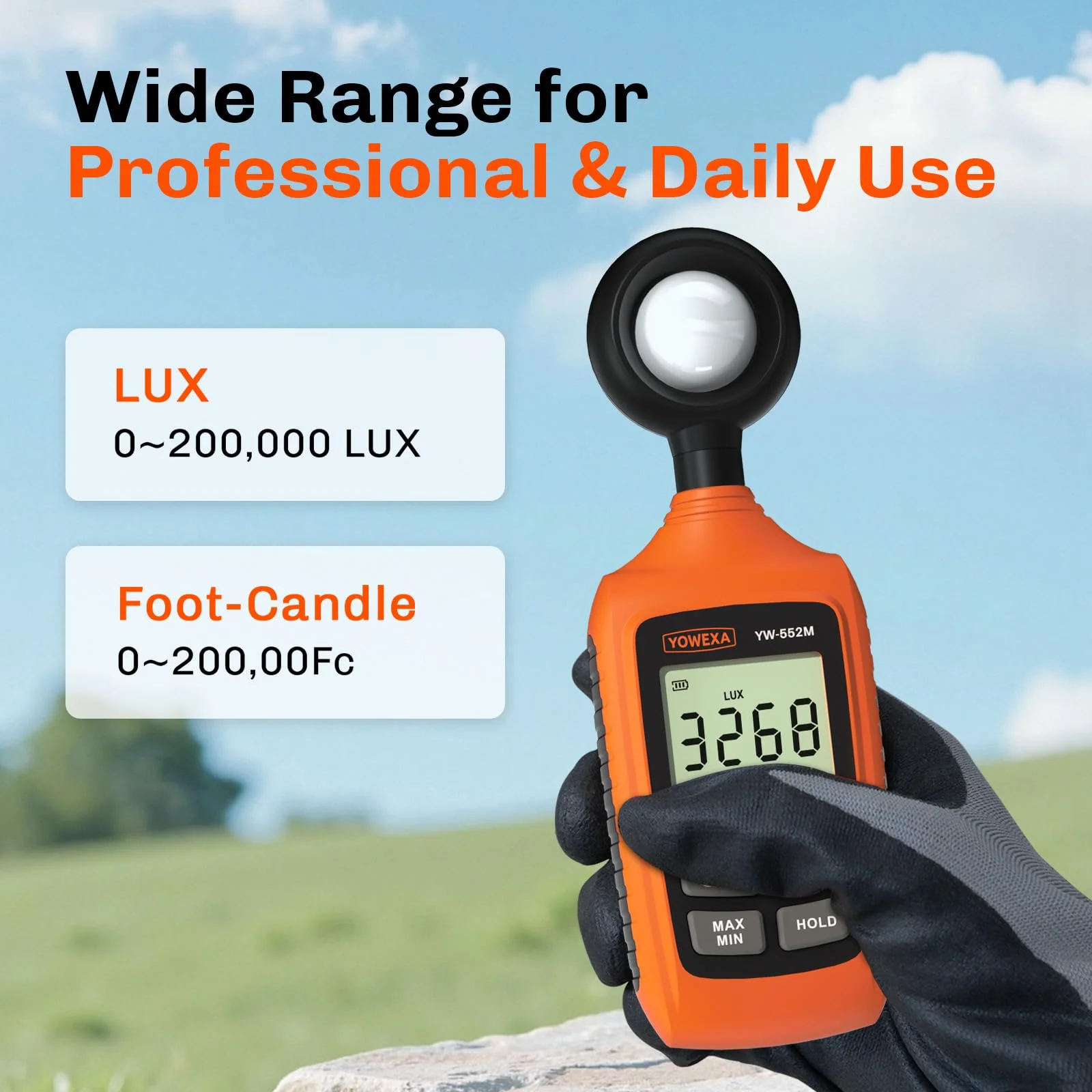 Digital Light Meter, 0-200,000 Lux (0-20,000 Foot Candles), Backlight, Max/Min, Data Hold, Lux/Fc Unit Switch, for Plants, Office, Indoor Lighting, and More - Image 3