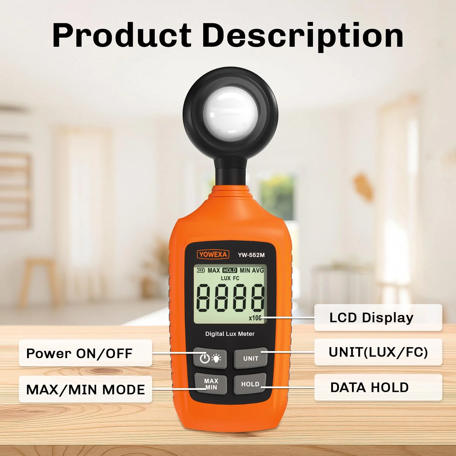 Digital Light Meter, 0-200,000 Lux (0-20,000 Foot Candles), Backlight, Max/Min, Data Hold, Lux/Fc Unit Switch, for Plants, Office, Indoor Lighting, and More - Image 5