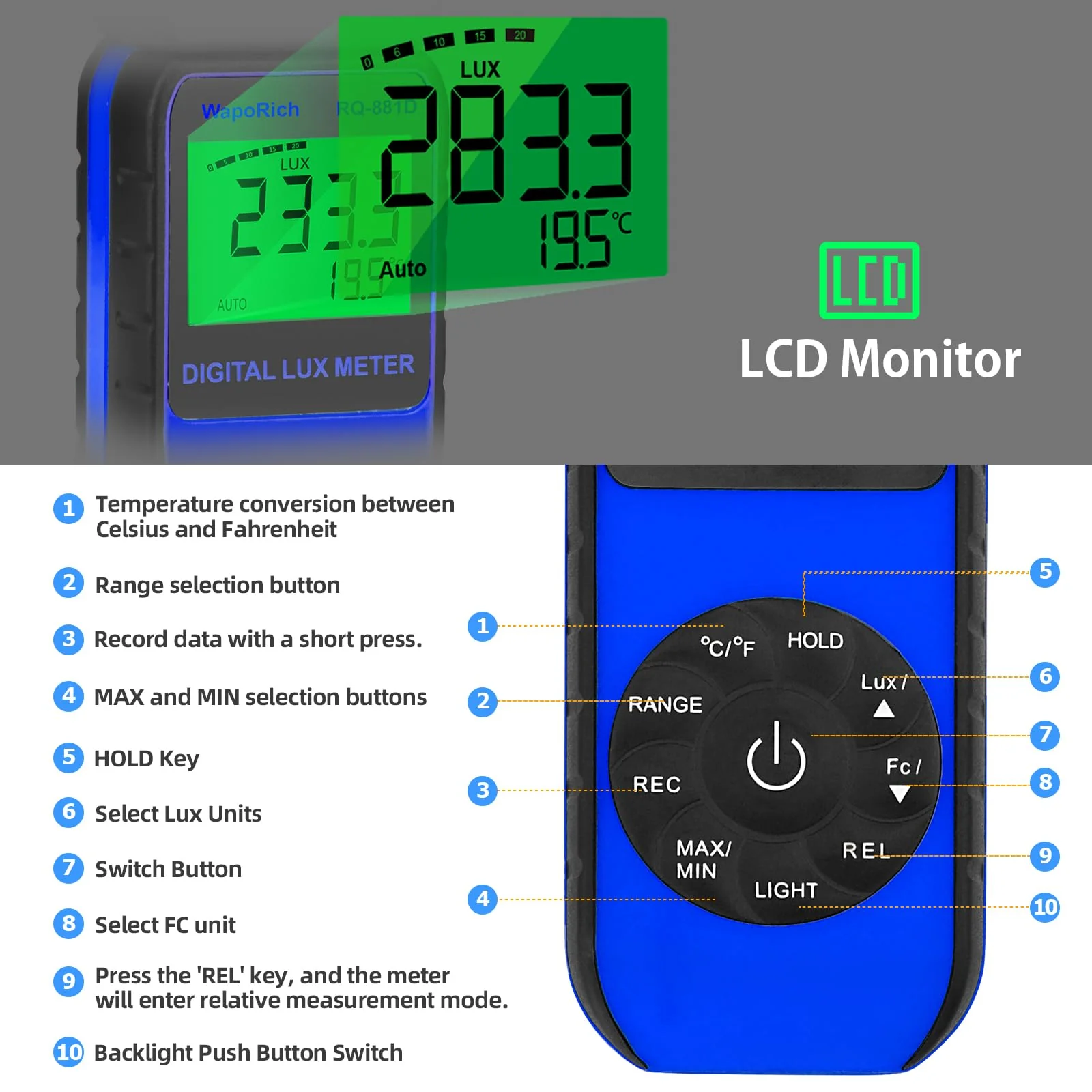Digital Light Meter WapoRich RQ-881D Illuminance Tester w/Rotatable Sensor 1-400,000 Lux/FC for LED White Light, Plants, Photography, Home & Industrial Use - Image 2