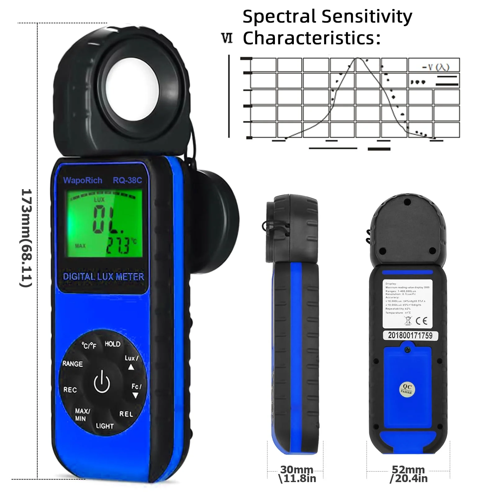 Digital Light Meter WapoRich RQ-881D Illuminance Tester w/Rotatable Sensor 1-400,000 Lux/FC for LED White Light, Plants, Photography, Home & Industrial Use - Image 4
