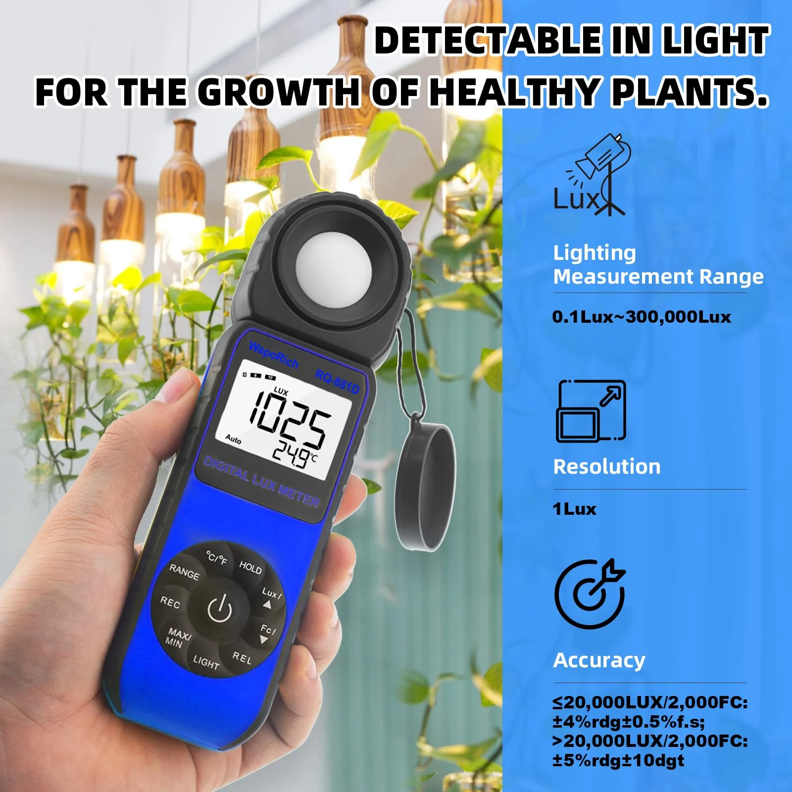 Digital Light Meter WapoRich RQ-881D Illuminance Tester w/Rotatable Sensor 1-400,000 Lux/FC for LED White Light, Plants, Photography, Home & Industrial Use - Image 6