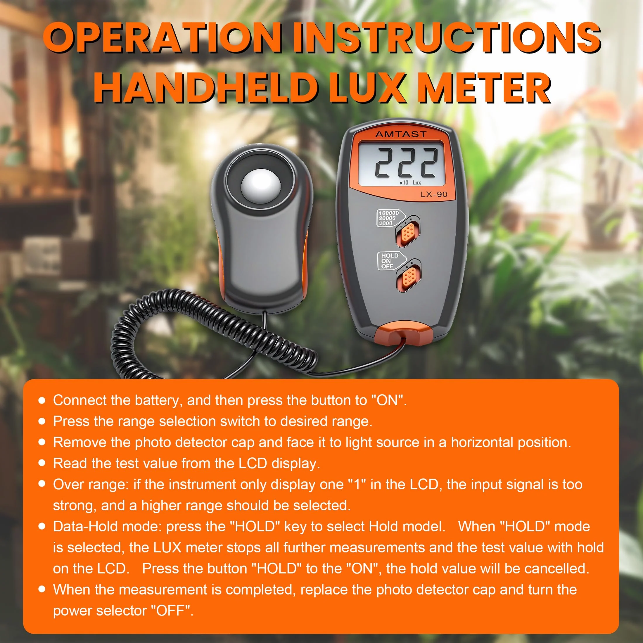 Digital LUX Meter Digital Indicator UV Meter Light Meter with LCD Display Luxmeter for 0-100,000 Lux Range High Ambient Light Meter with Backlight (Model LX-90) - Image 4