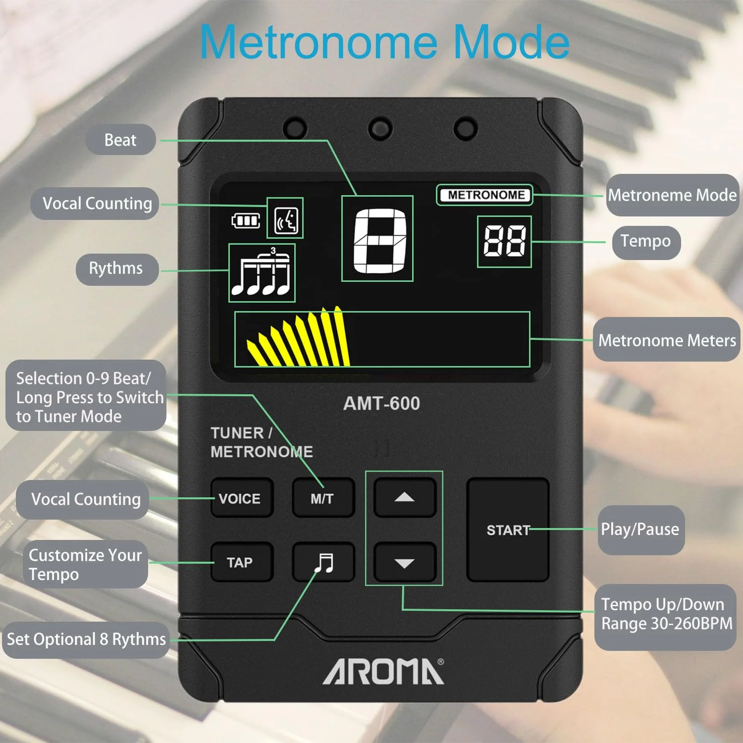 Digital Metronome Tuner Tone Generator, 3 in 1 Rechargeable Voice Counting Tap Musical Instruments Tool w/Clip-on Microphone 3in1 Chargeable - Image 3