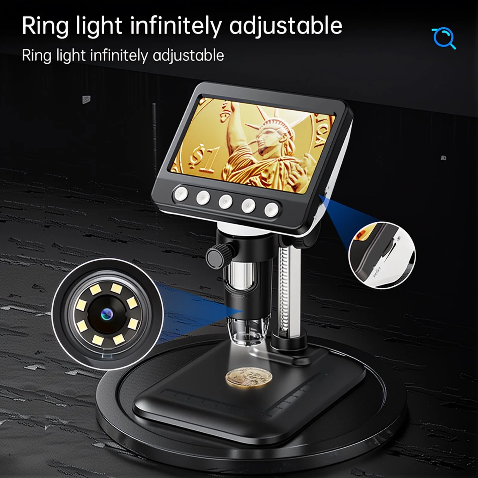 Digital Microscope, 4.3" LCD USB Coin Microscope, 1000X 1080P Error Coin Magnifier with 8 Adjustable LED Lights, PC View, Compatible with Windows for Adults Kids Black - Image 5