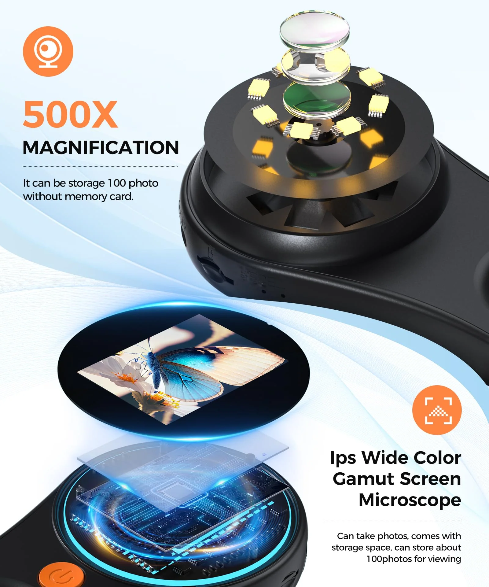 Digital Microscope Handheld 2.0 inch IPS Color Screen,Portable Digital Magnifying Glass 500x,Marco Microscope for Kids,Built-in 8LED Lights,USB Compatible with PC Windows, Mac OS - Image 2