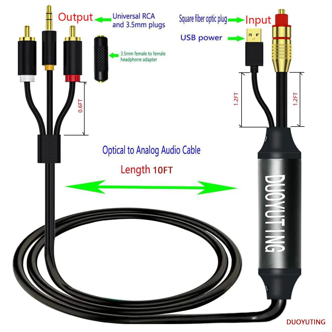 Digital Optical to Analog 3.5mm AUX Audio Cable, Optical to 2 RCA Adapter, All-in-one D/A Audio Converter, for TV/PS4/Xbox/DVD SPDIF/TOSLINK/Optical Port to Sound Box Amplifier Headphones (10ft). 10FT Digital Optical to Analog - Image 2