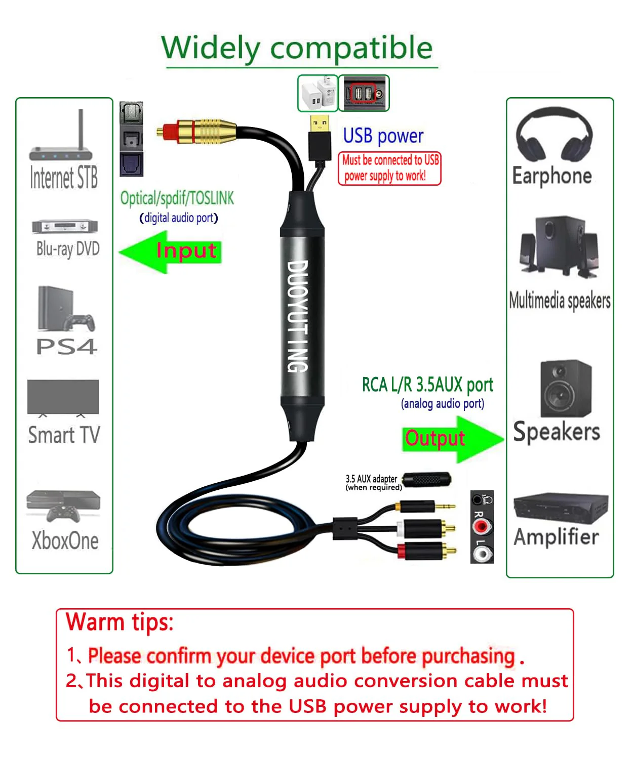 Digital Optical to Analog 3.5mm AUX Audio Cable, Optical to 2 RCA Adapter, All-in-one D/A Audio Converter, for TV/PS4/Xbox/DVD SPDIF/TOSLINK/Optical Port to Sound Box Amplifier Headphones (10ft). 10FT Digital Optical to Analog - Image 3