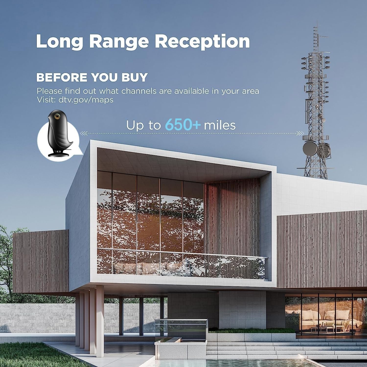 Digital TV Antenna Indoor,1200+ Miles Long Range HD Antenna for Smart TV and Older TV's,with Smart Chip Indoor for Local Channels,Supports 4K 1080P HD with Amplifier Signal Booster and 18ft Cable BLACK Compact - Image 2