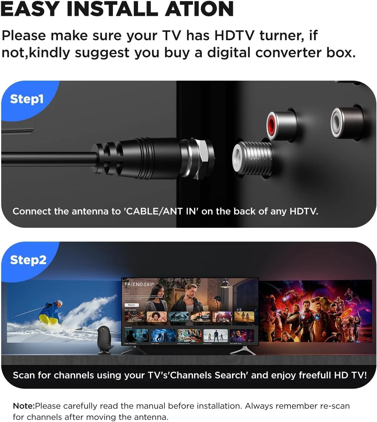 Digital TV Antenna Indoor,1200+ Miles Long Range HD Antenna for Smart TV and Older TV's,with Smart Chip Indoor for Local Channels,Supports 4K 1080P HD with Amplifier Signal Booster and 18ft Cable BLACK Compact - Image 6