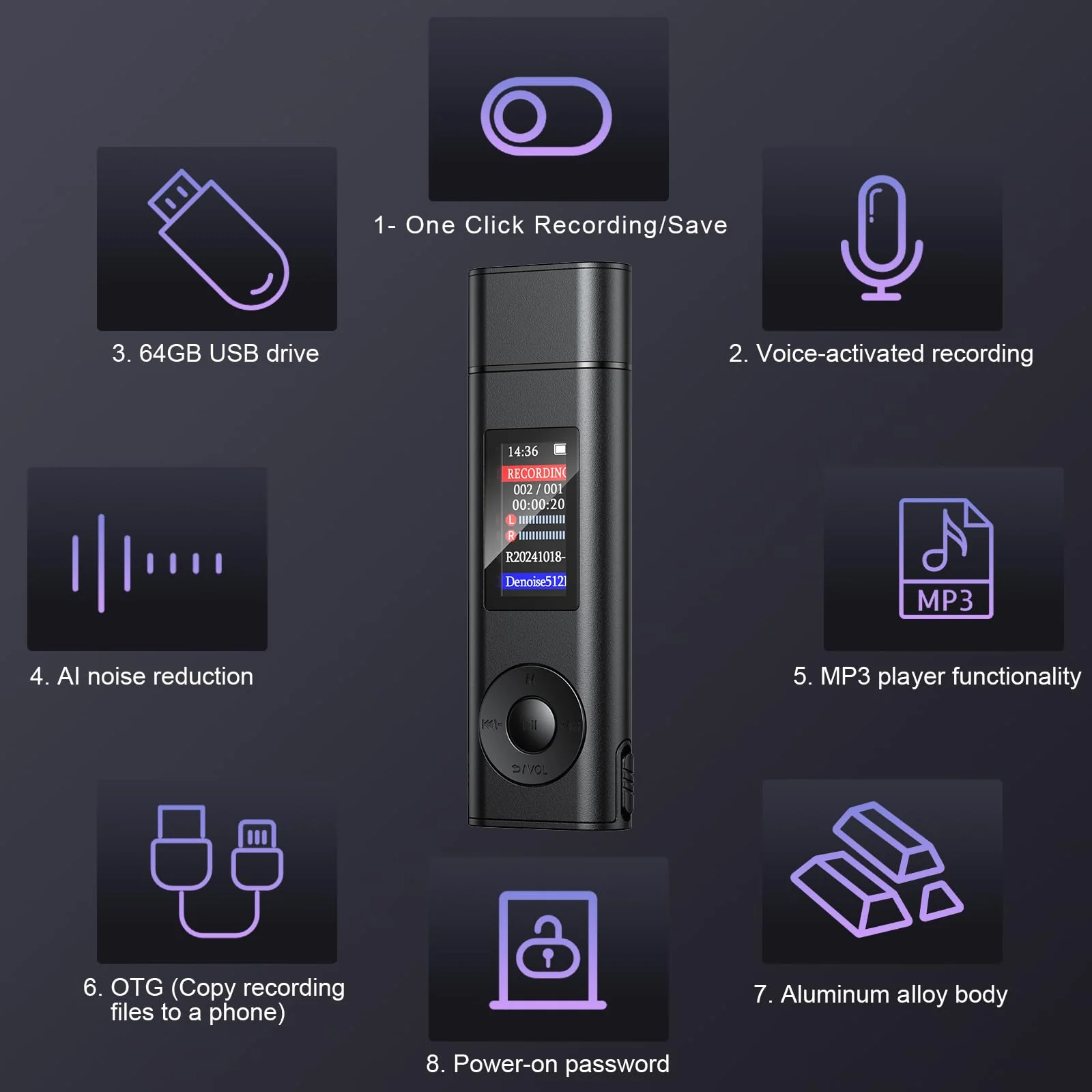 Digital Voice Recorder with 64GB Storage, Voice Activated Recording, USB Connectivity, Playback Function for Meetings, Interviews, Classroom Style 1 - Image 2