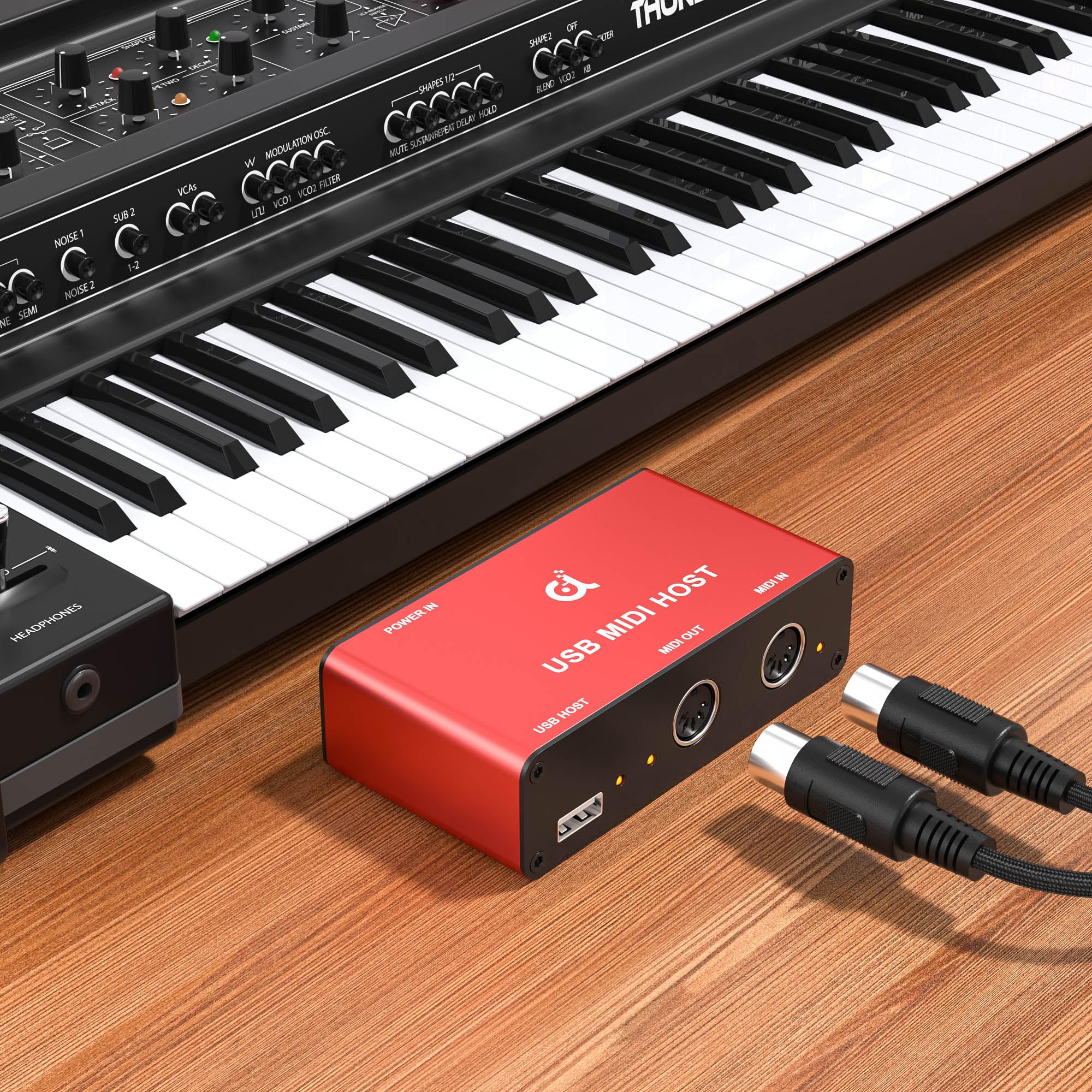 DigitalLife Stand-Alone USB MIDI Host Bridge Box - 1-In/1-Out 5-PIN DIN MIDI Interfaces, LED Indicator, Metal, Red (No computer needed) MIDI-Host (Red) - Image 3