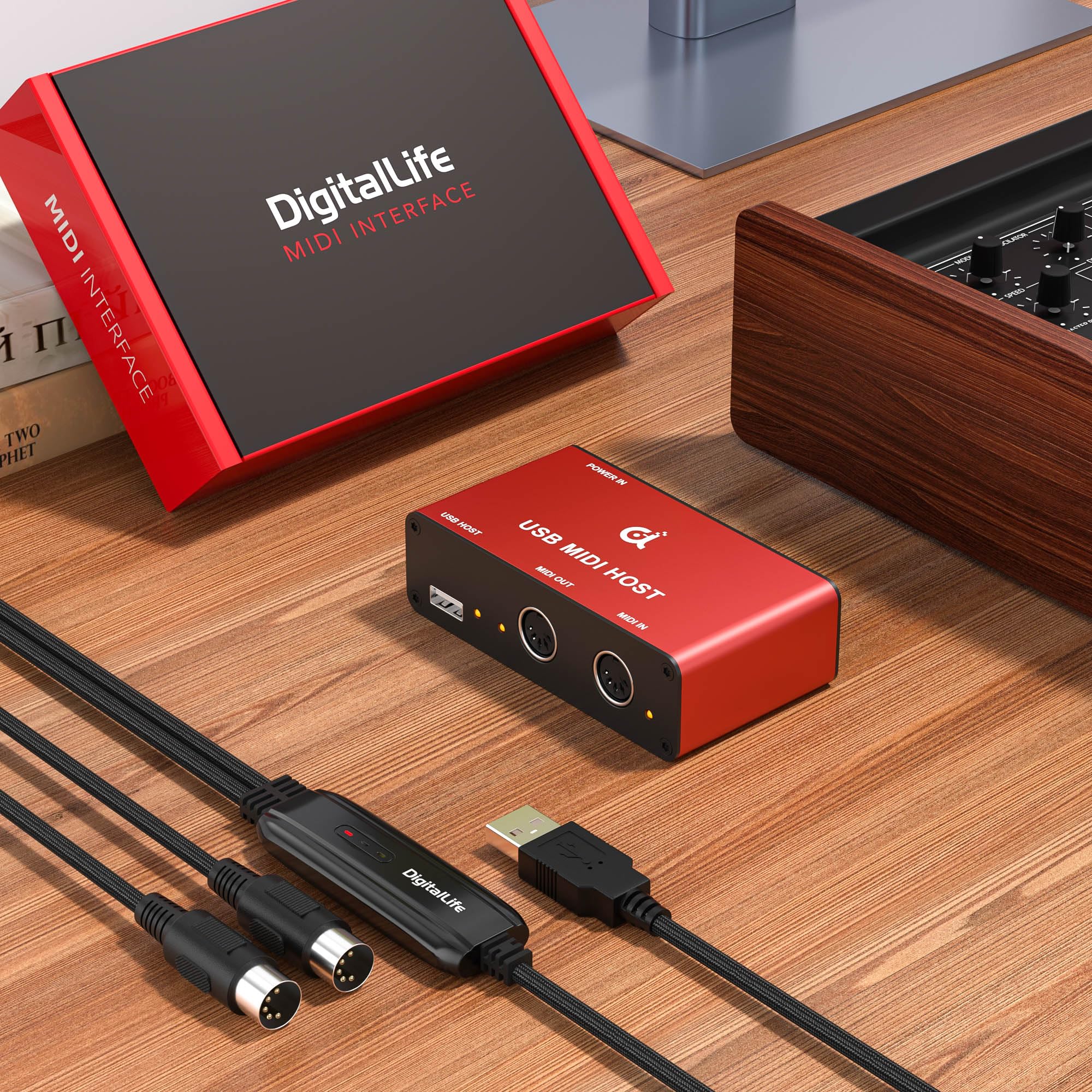 DigitalLife Stand-Alone USB MIDI Host Bridge Box - 1-In/1-Out 5-PIN DIN MIDI Interfaces, LED Indicator, Metal, Red (No computer needed) MIDI-Host (Red) - Image 6