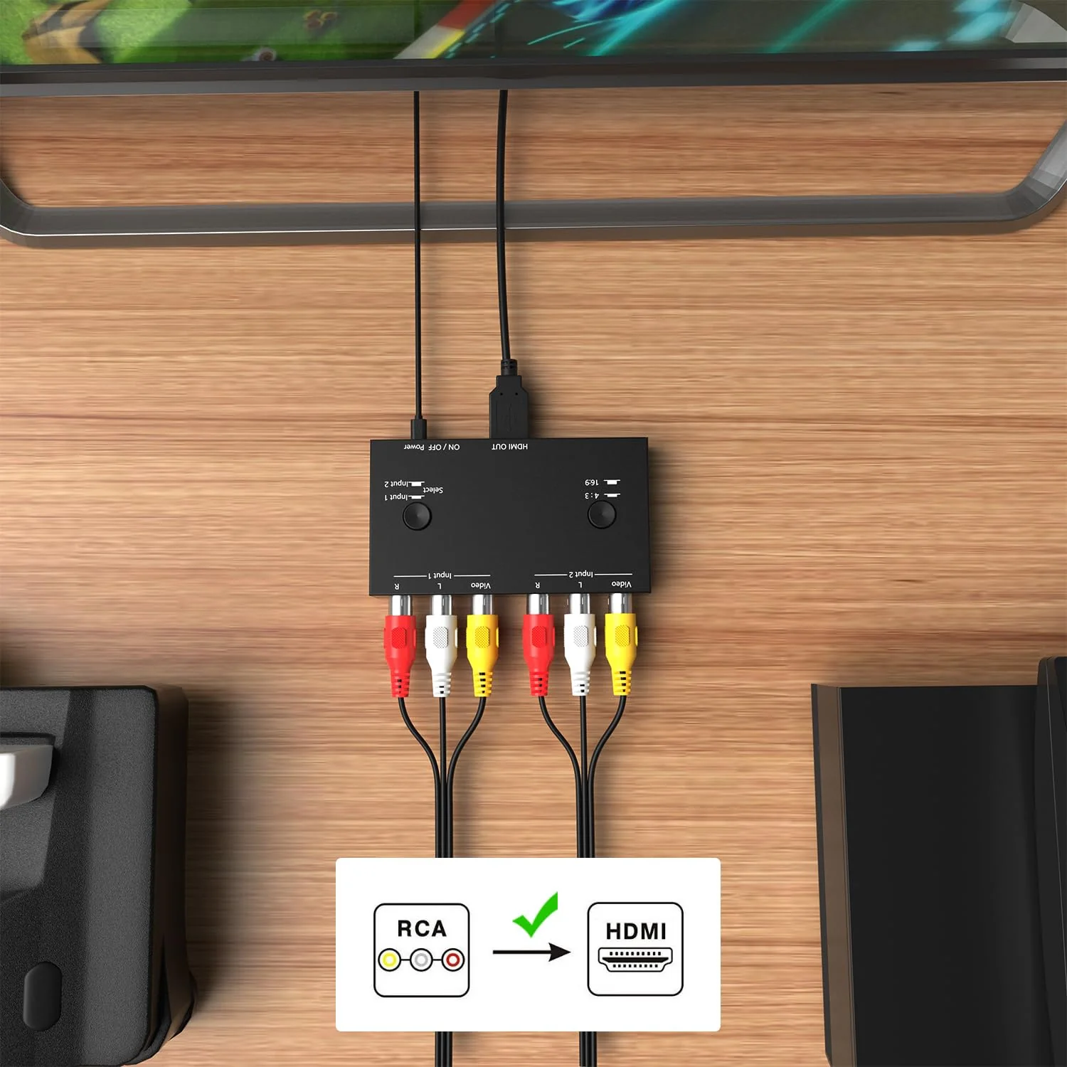Dingsun 2 Port AV to HDMI Converter, RCA to HDMI Adapter Support 16:9/4:3 Compatible with WII, N64, PS2, VHS, VCR DVD Players etc 2Port RCA to HDMI Converter - Image 3