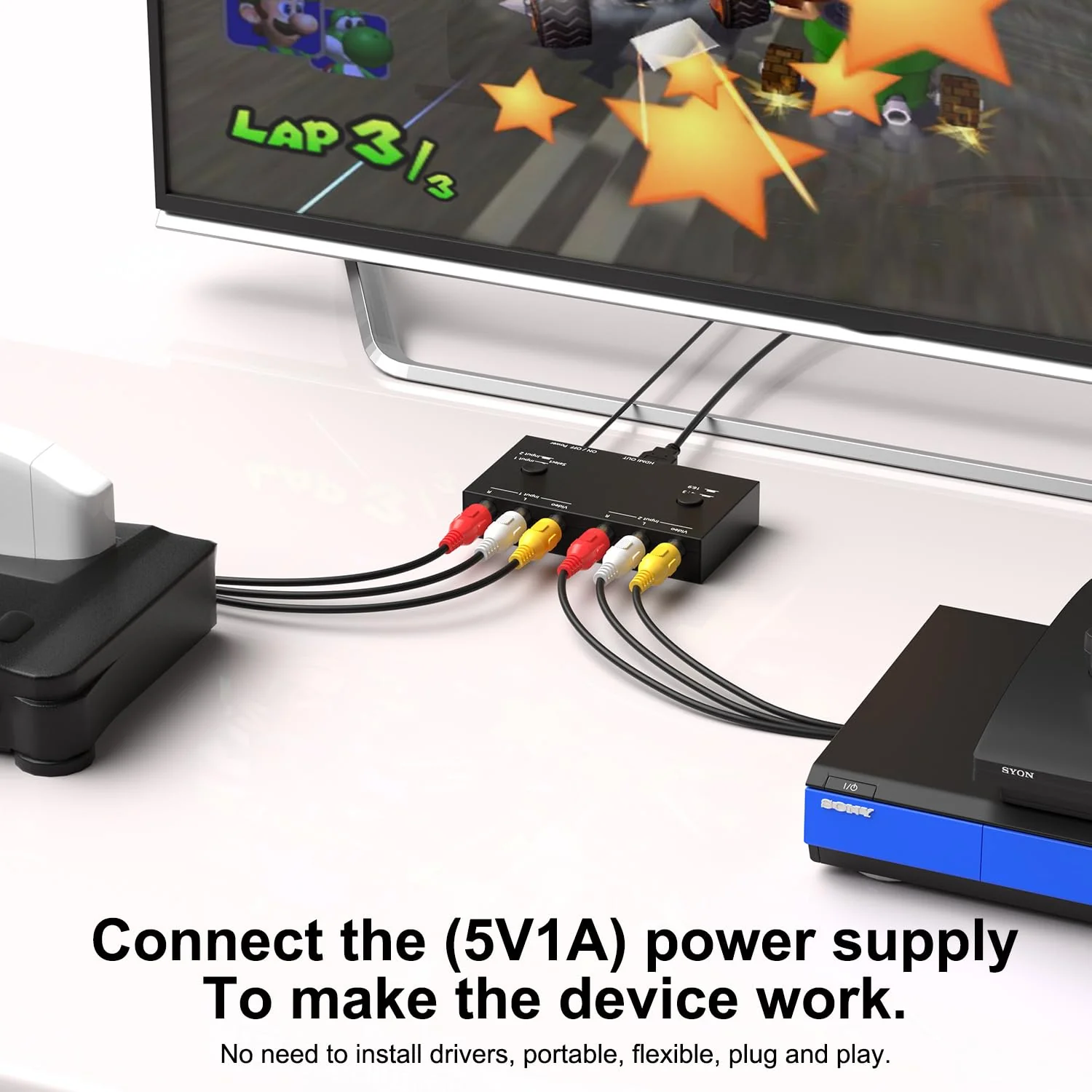 Dingsun 2 Port AV to HDMI Converter, RCA to HDMI Adapter Support 16:9/4:3 Compatible with WII, N64, PS2, VHS, VCR DVD Players etc 2Port RCA to HDMI Converter - Image 4