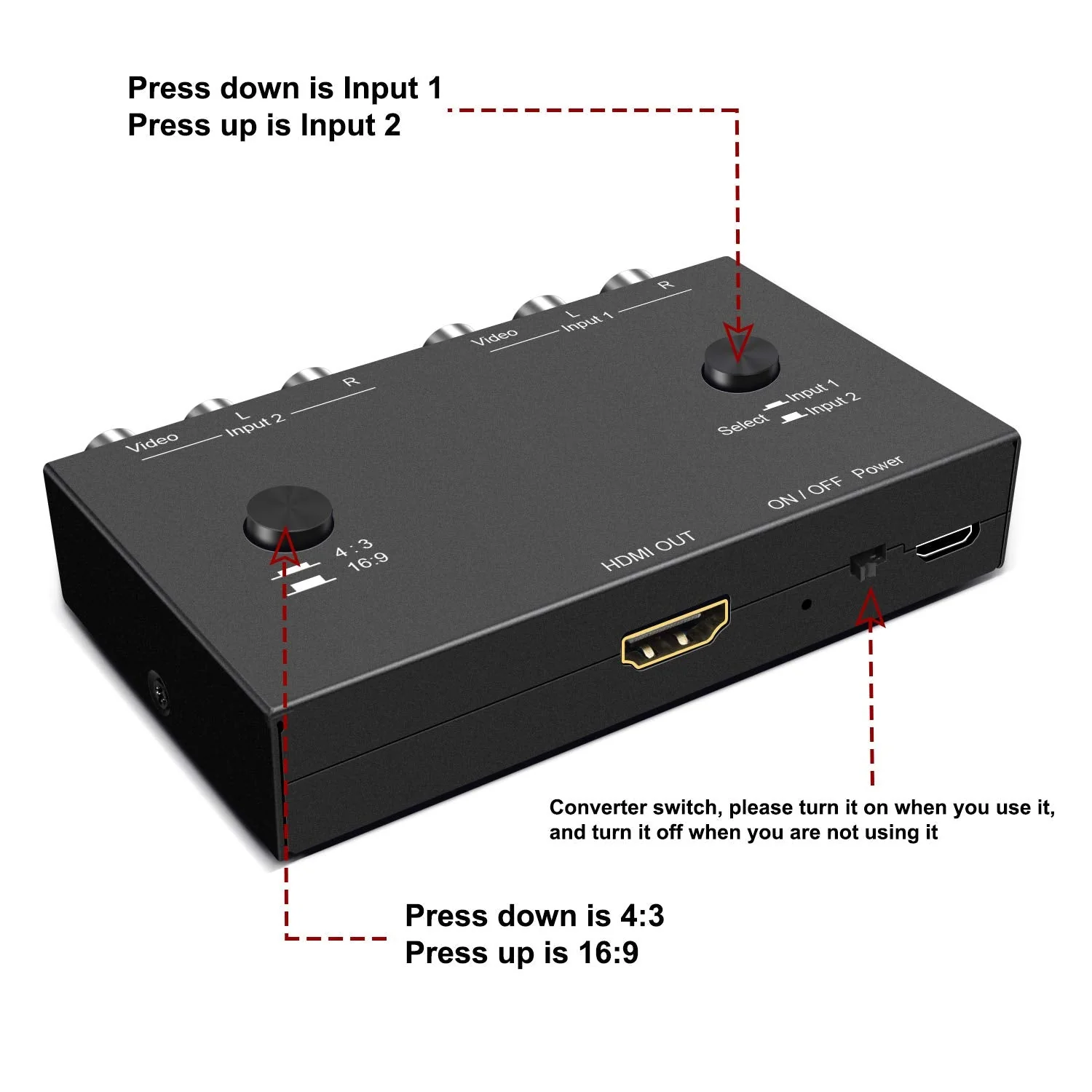 Dingsun 2 Port AV to HDMI Converter, RCA to HDMI Adapter Support 16:9/4:3 Compatible with WII, N64, PS2, VHS, VCR DVD Players etc 2Port RCA to HDMI Converter - Image 5