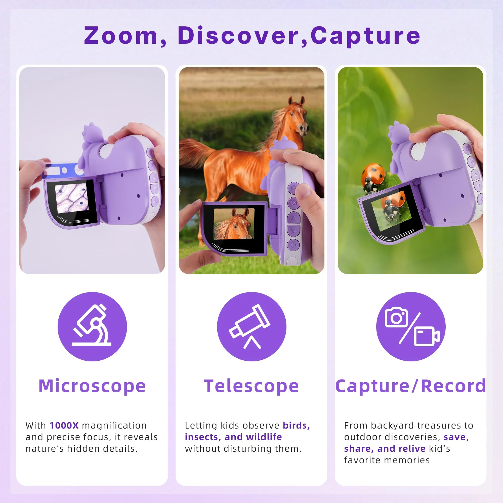 Dino Microscope for Kids, 1000x Portable Digital Microscope Camera with 2" Screen, Educational Science Kit Birthday Gifts for Kid Age 4-12, 32GB TF Card Included Violet - Image 2