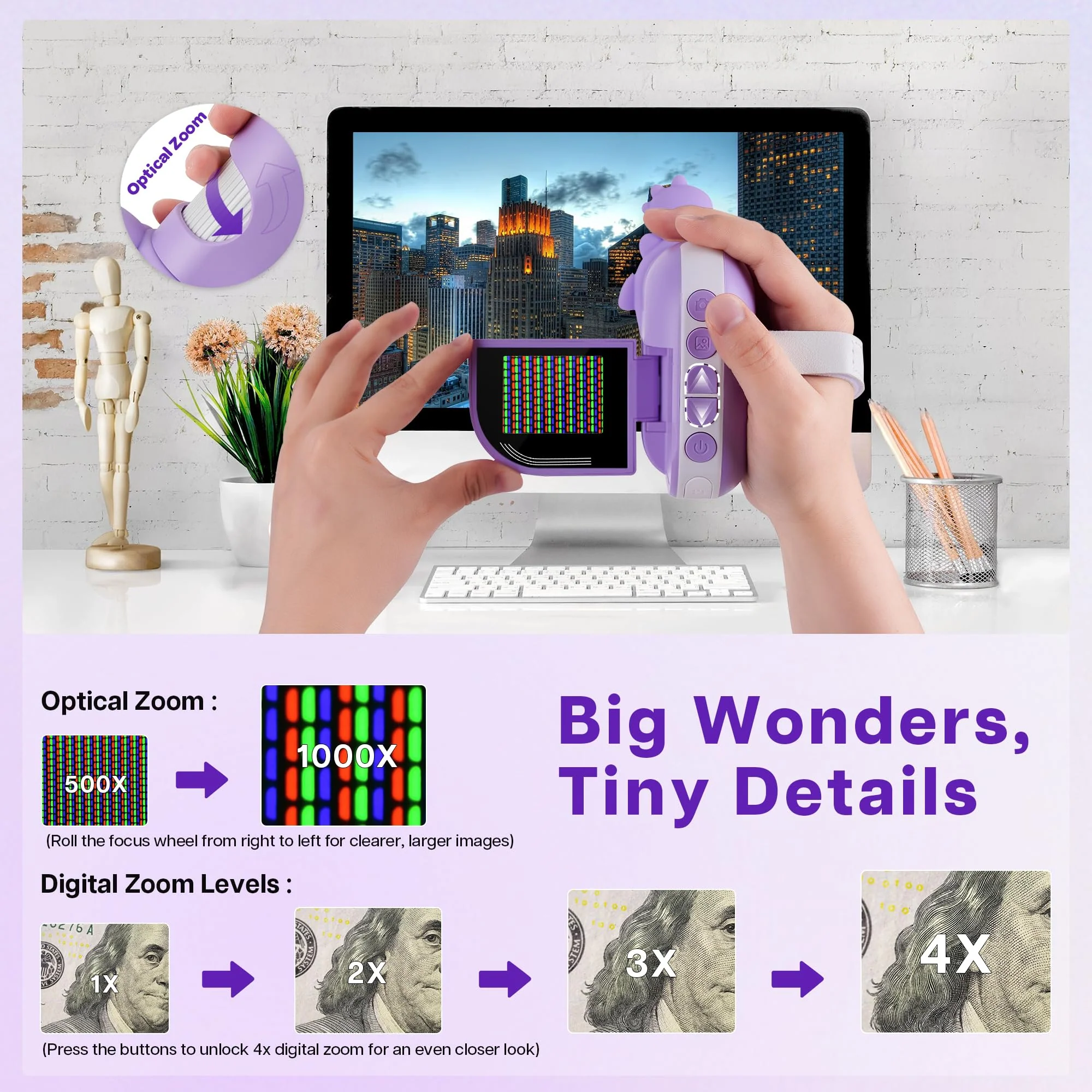 Dino Microscope for Kids, 1000x Portable Digital Microscope Camera with 2" Screen, Educational Science Kit Birthday Gifts for Kid Age 4-12, 32GB TF Card Included Violet - Image 3