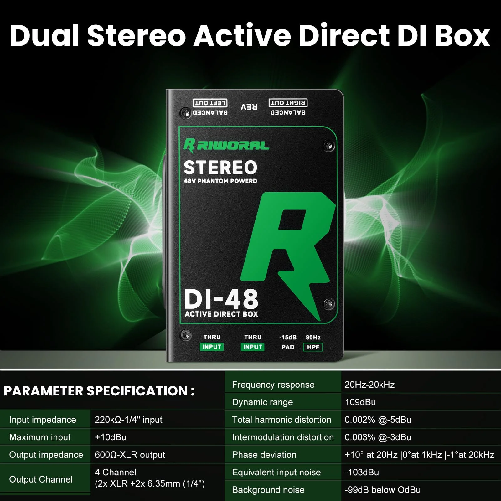 Direct Box with Dual 1/4” High-Impedance Stereo Inputs Di Boxes Support For Guitar/Bass Instruments Premium Direct Injection Active Di Box For Thru & XLR Outputs - Image 2