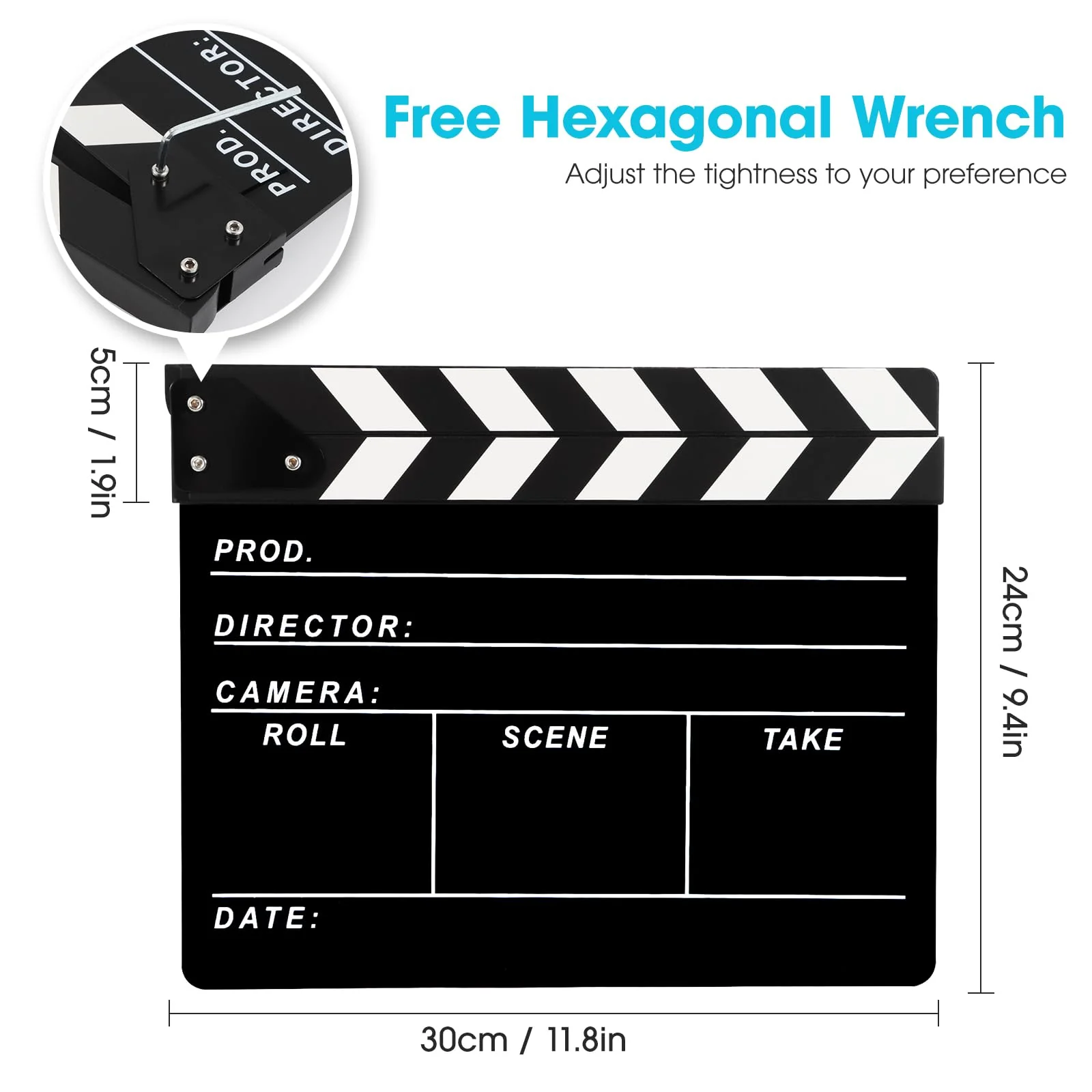 Directors Clapboard for Film, Hollywood Slate Move Photography Video TV Cut Action Scene Acrylic Clapper Board with a Magnetic Blackboard Eraser, Two Custom Pens, Cleaning Cloth and Hex Wrench - Image 3