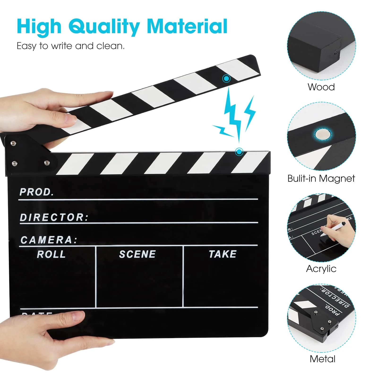 Directors Clapboard for Film, Hollywood Slate Move Photography Video TV Cut Action Scene Acrylic Clapper Board with a Magnetic Blackboard Eraser, Two Custom Pens, Cleaning Cloth and Hex Wrench - Image 4