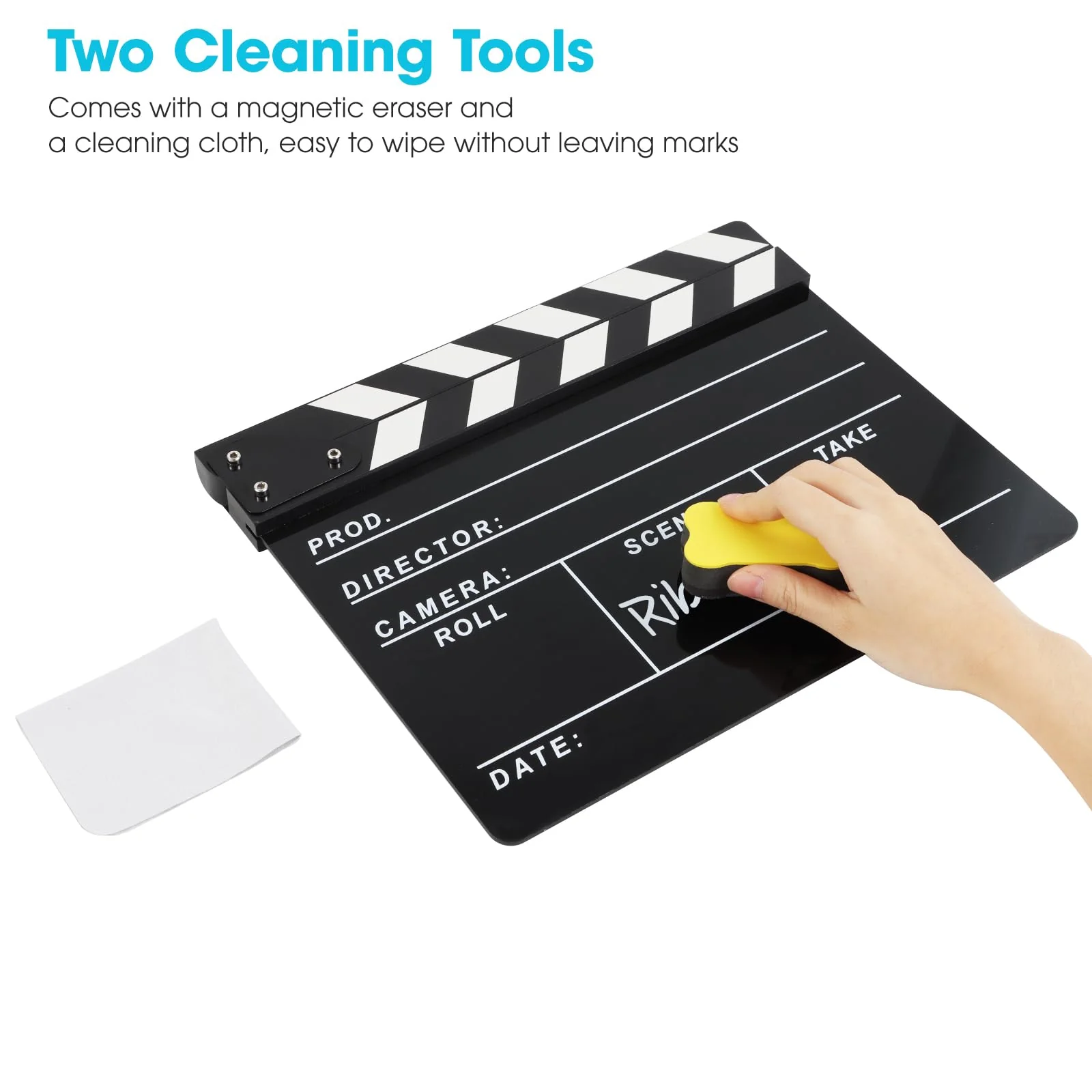 Directors Clapboard for Film, Hollywood Slate Move Photography Video TV Cut Action Scene Acrylic Clapper Board with a Magnetic Blackboard Eraser, Two Custom Pens, Cleaning Cloth and Hex Wrench - Image 6