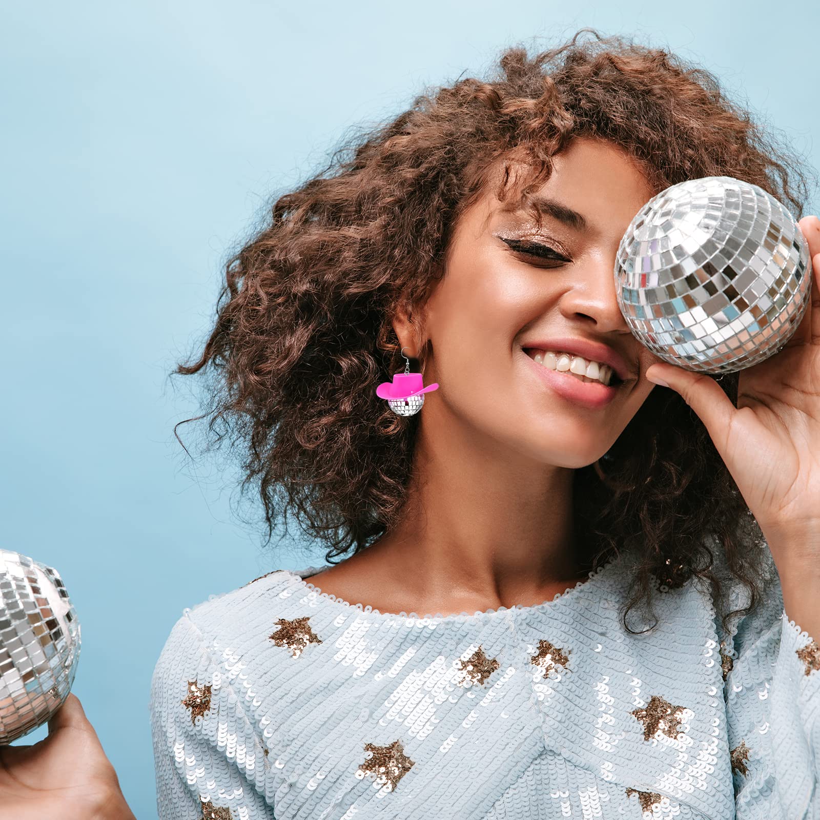 Disco Ball Earrings 70s 80S 90S Disco Outfits for Women Disco Outfits Accessories Tour Party Dress Sparkly Cowgirl Mirrorball Concert Jewelry Gifts B:disco ball earrings-pink - Image 2