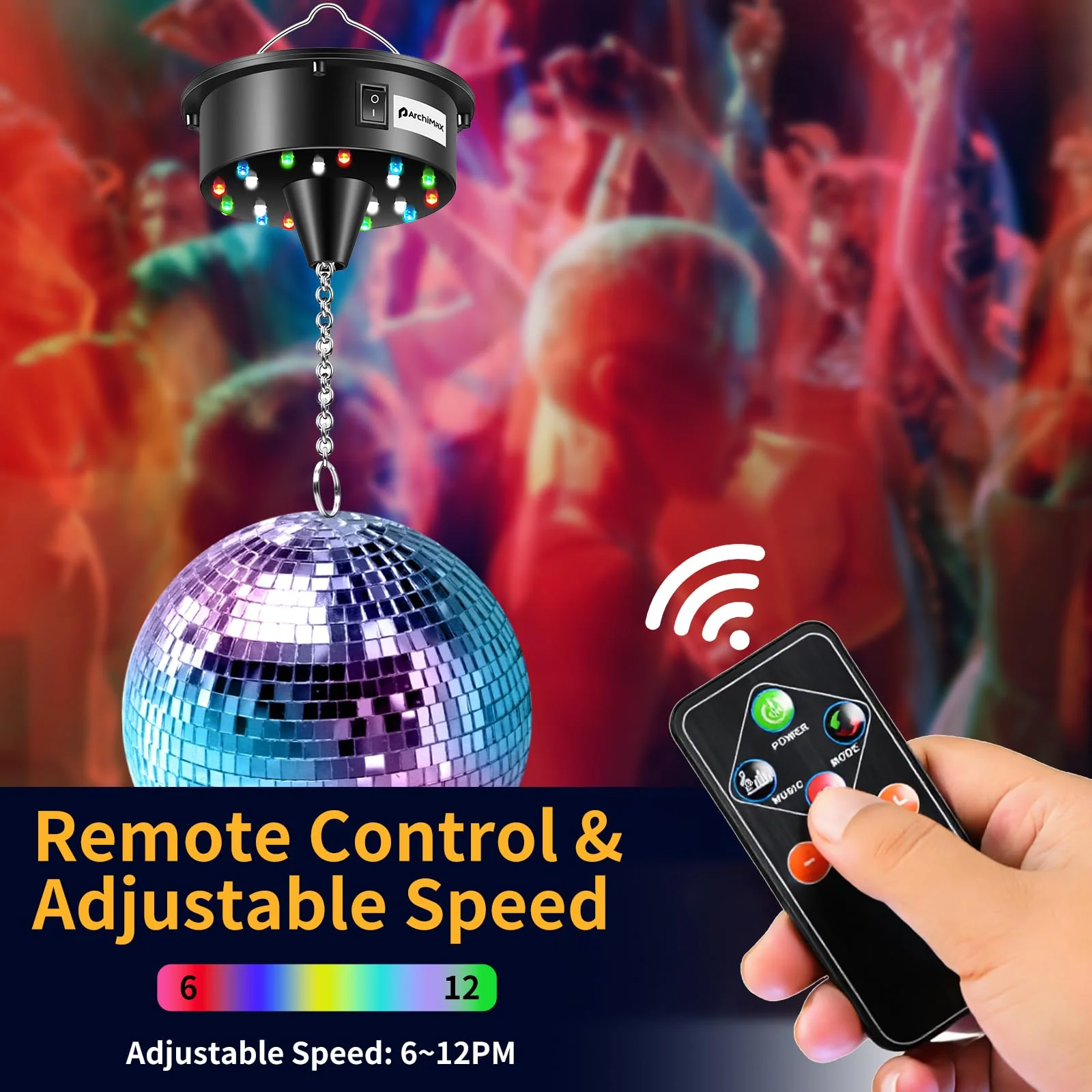 Disco Ball Motor with Light, Party Lights with Remote,6-12RPM Adjustable Speed Rotating Disco Motor,for 4''~ 24'' Mirror Ball, DJ Bands KTV Bar Christmas Birthday Wedding Outdoors Party Decor - Image 2