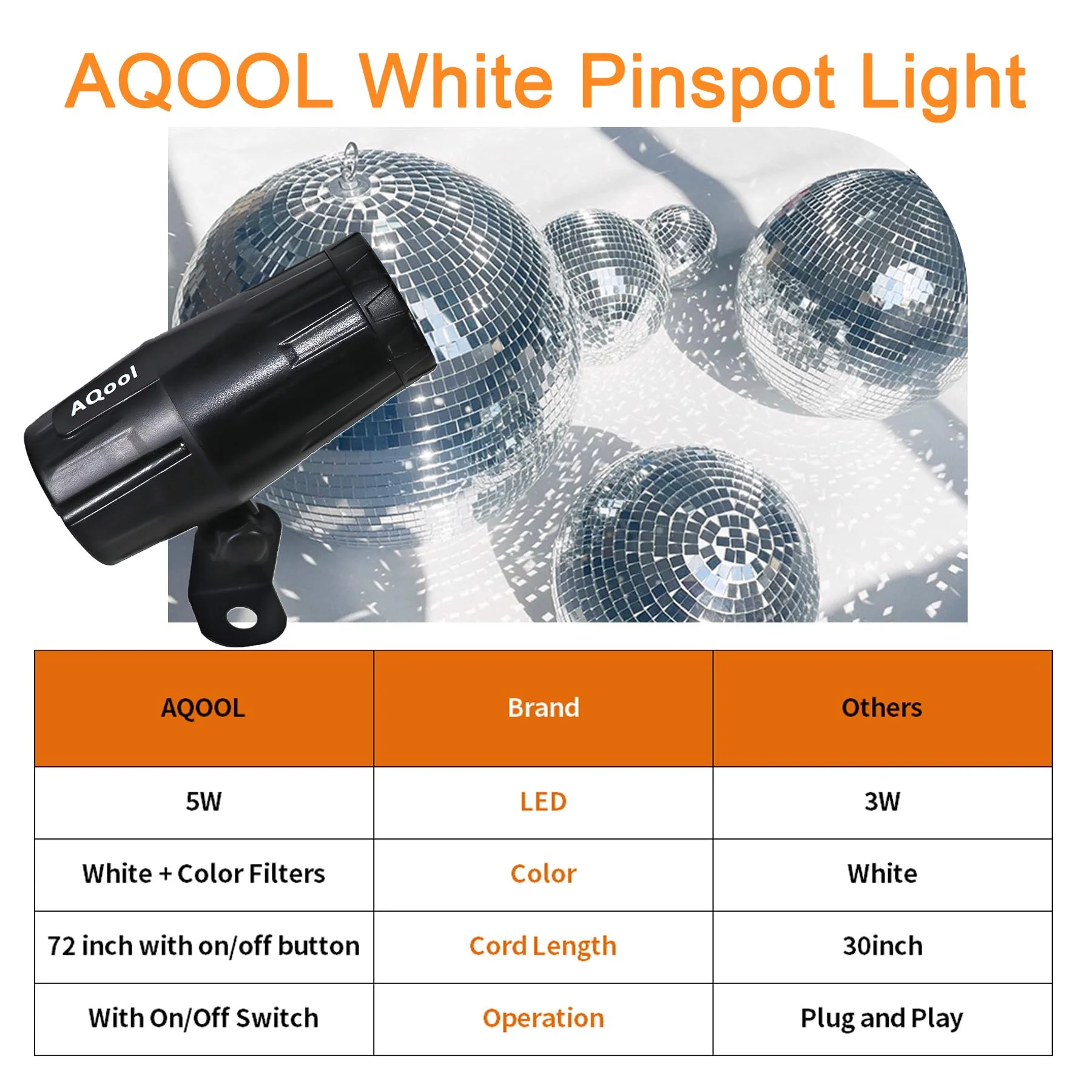 Disco Ball Spotlight 2 Pack, AQOOL Mini Pinspot Lights 5W White LED Beam Pin Spot Light Mirror Dsico Ball Light with ON/Off Button for Disco Party Bar DJ Events (No Remote) - Image 3