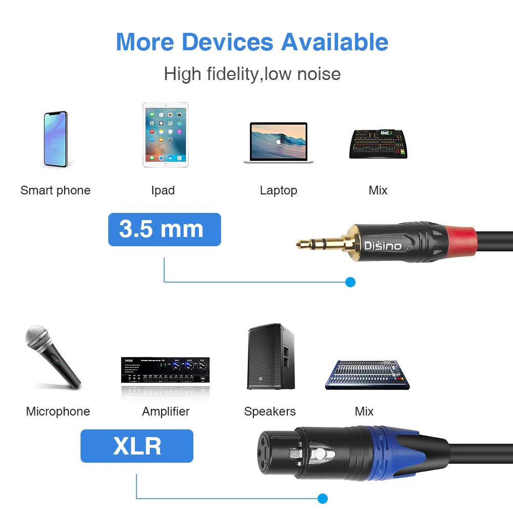 Disino Dual Female XLR to 3.5mm Y-Splitter Cable, Unbalanced XLR Female to 1/8 Inch Mini Jack TRS Stereo Aux Interconnect Audio Mic Breakout Patch Cord - 3.3 Feet/1 Meter - Image 4