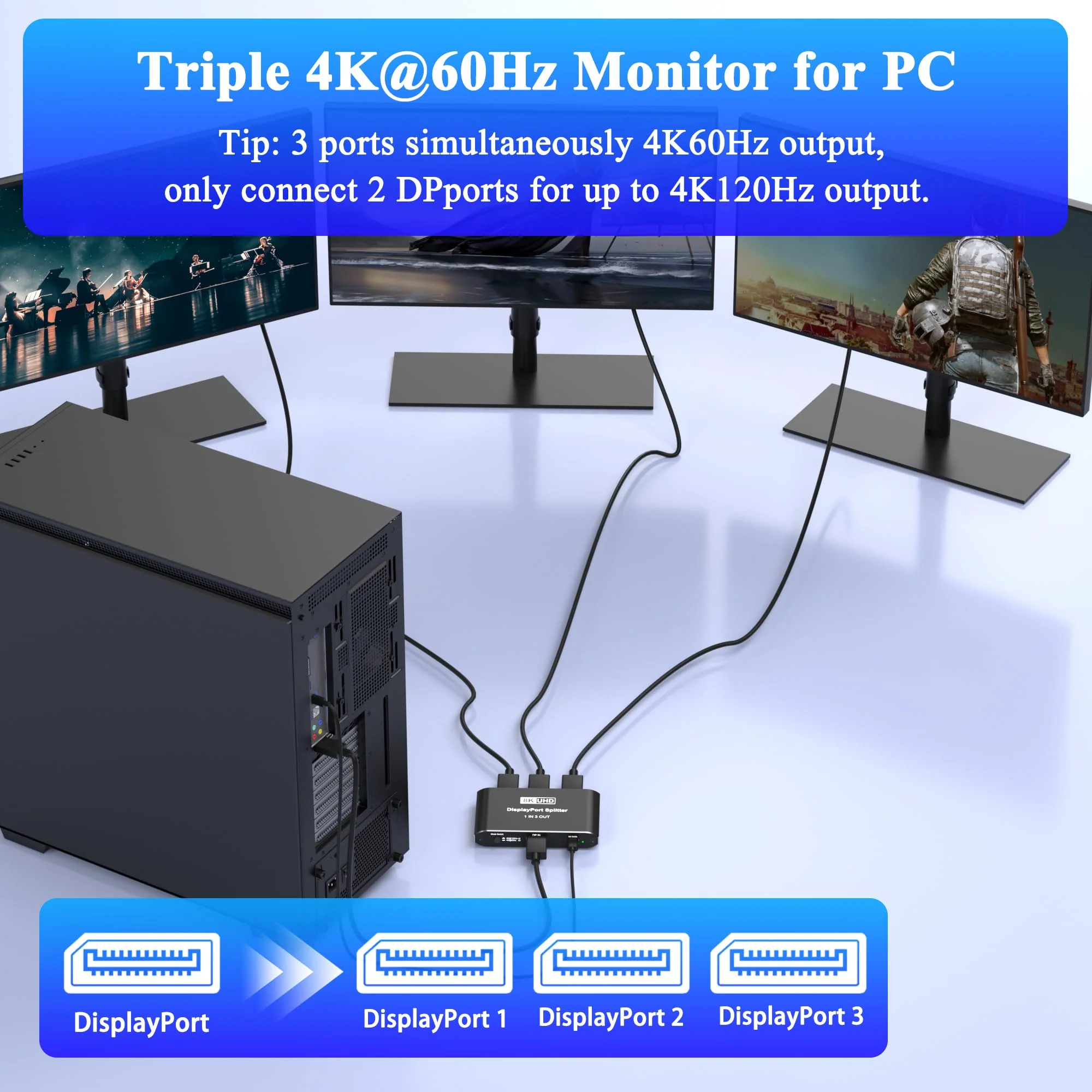 Displayport Splitter 1 in 3 out, 8K@60Hz, 4K@120Hz, Resolution DP 1.4 DisplayPort Switcher Selector Box, DSC Support, Display Port Switcher Compatible with PC, Laptop, Monitor, Gaming, TV, NVIDIA, AMD - Image 2