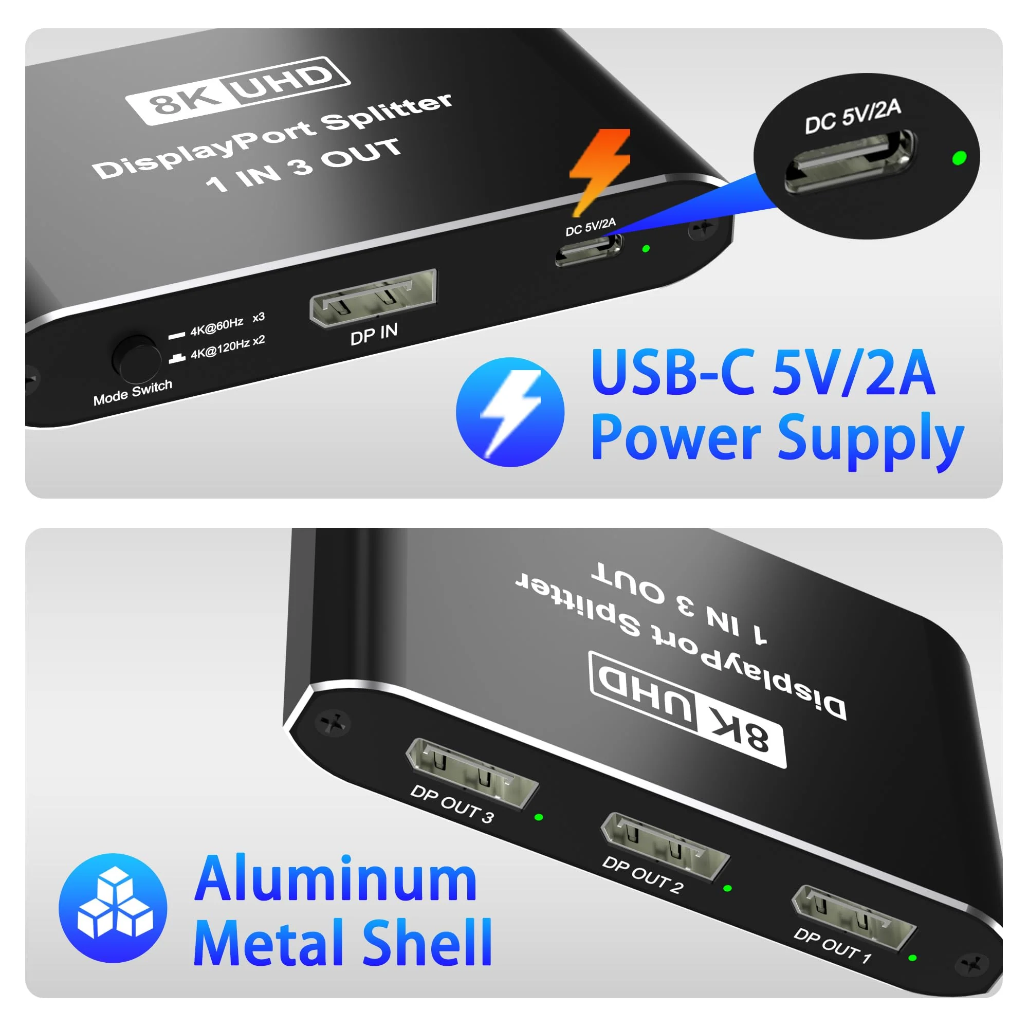 Displayport Splitter 1 in 3 out, 8K@60Hz, 4K@120Hz, Resolution DP 1.4 DisplayPort Switcher Selector Box, DSC Support, Display Port Switcher Compatible with PC, Laptop, Monitor, Gaming, TV, NVIDIA, AMD - Image 5