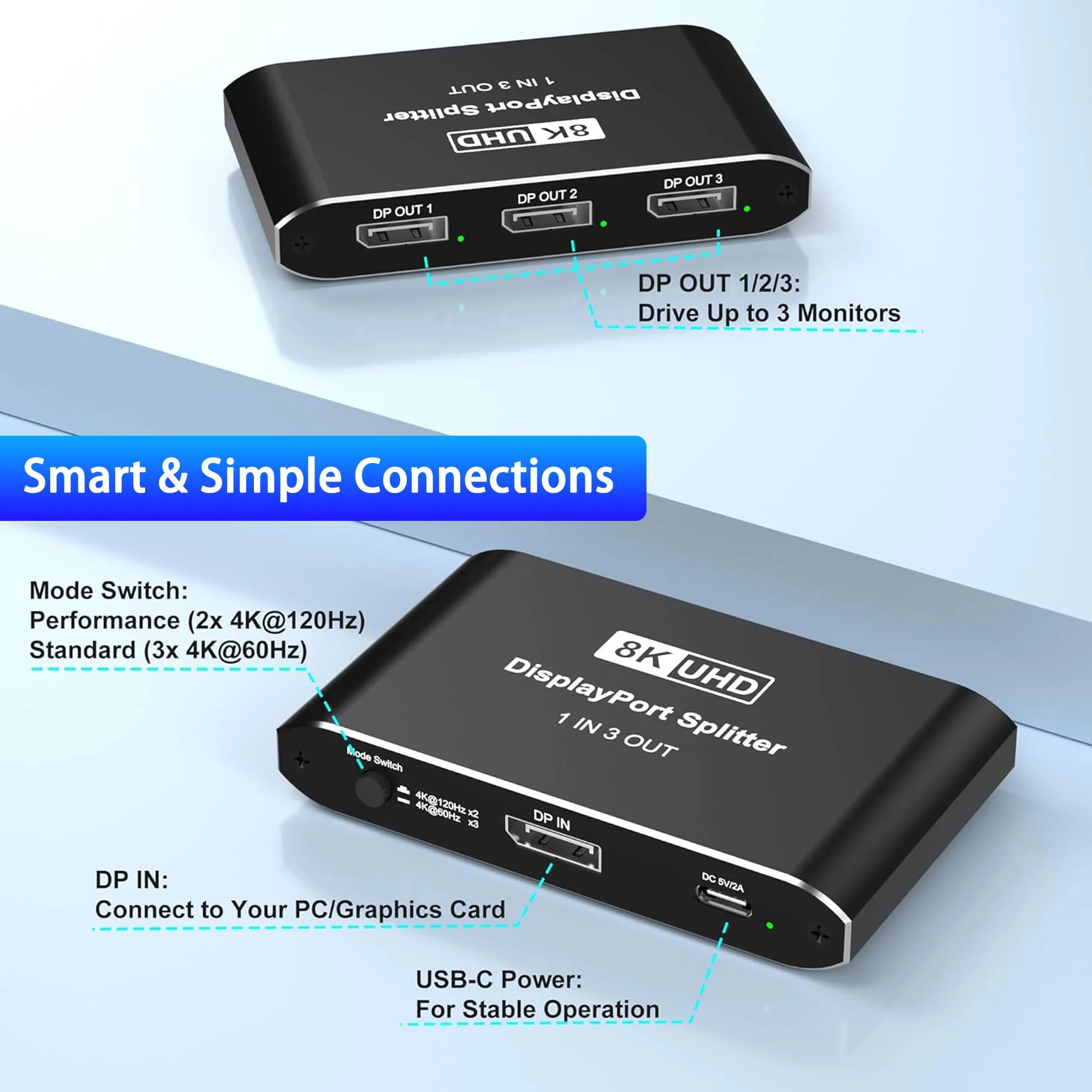 Displayport Splitter 1 in 3 out, 8K@60Hz, 4K@120Hz, Resolution DP 1.4 DisplayPort Switcher Selector Box, DSC Support, Display Port Switcher Compatible with PC, Laptop, Monitor, Gaming, TV, NVIDIA, AMD - Image 7